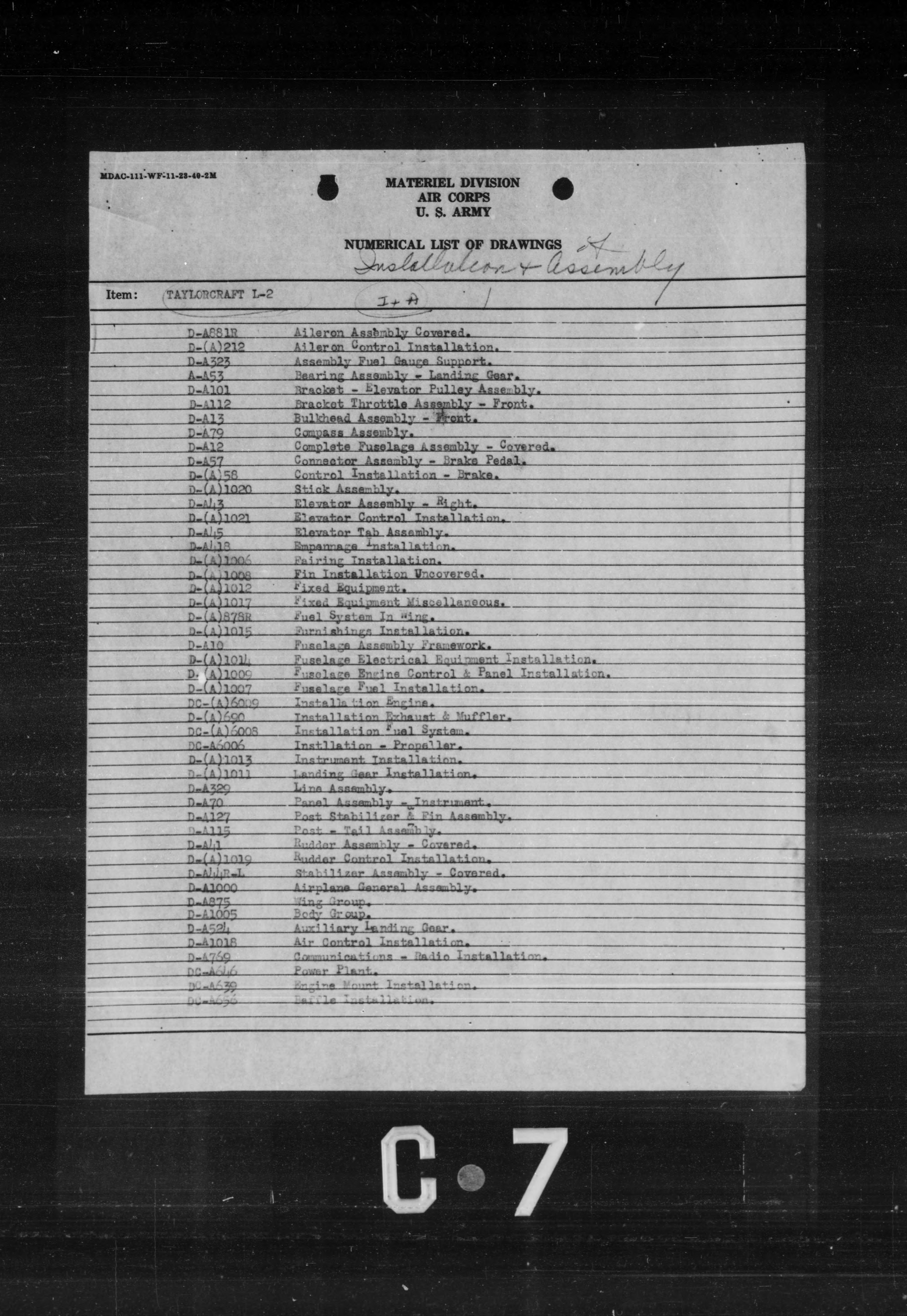 Sample page 1 from AirCorps Library document: Numerical List of Drawings TG-6 Glider Installation and Assemblies Index