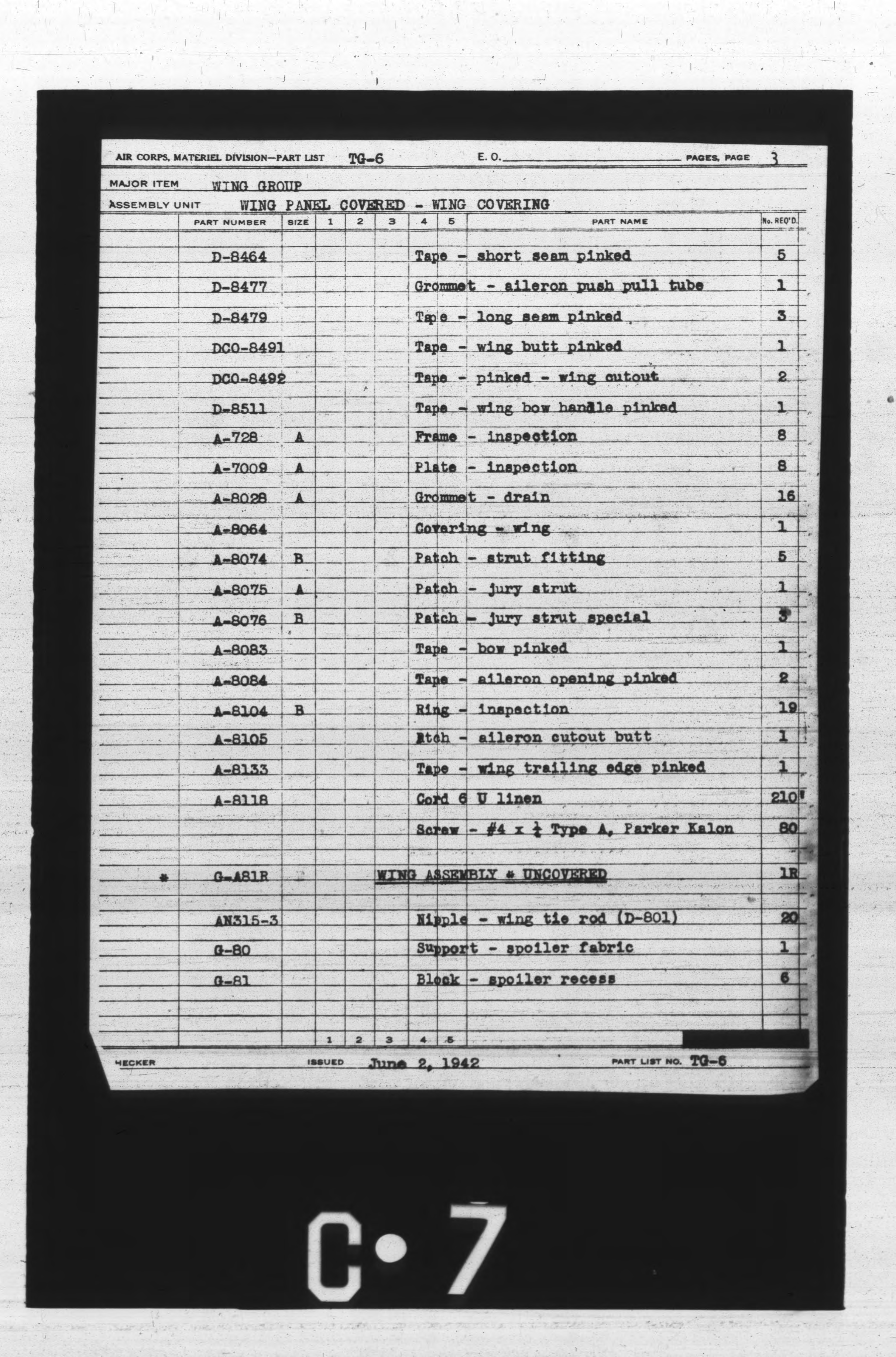 Sample page 5 from AirCorps Library document: Numerical List of Drawings TG-6 Glider Installation and Assemblies Index