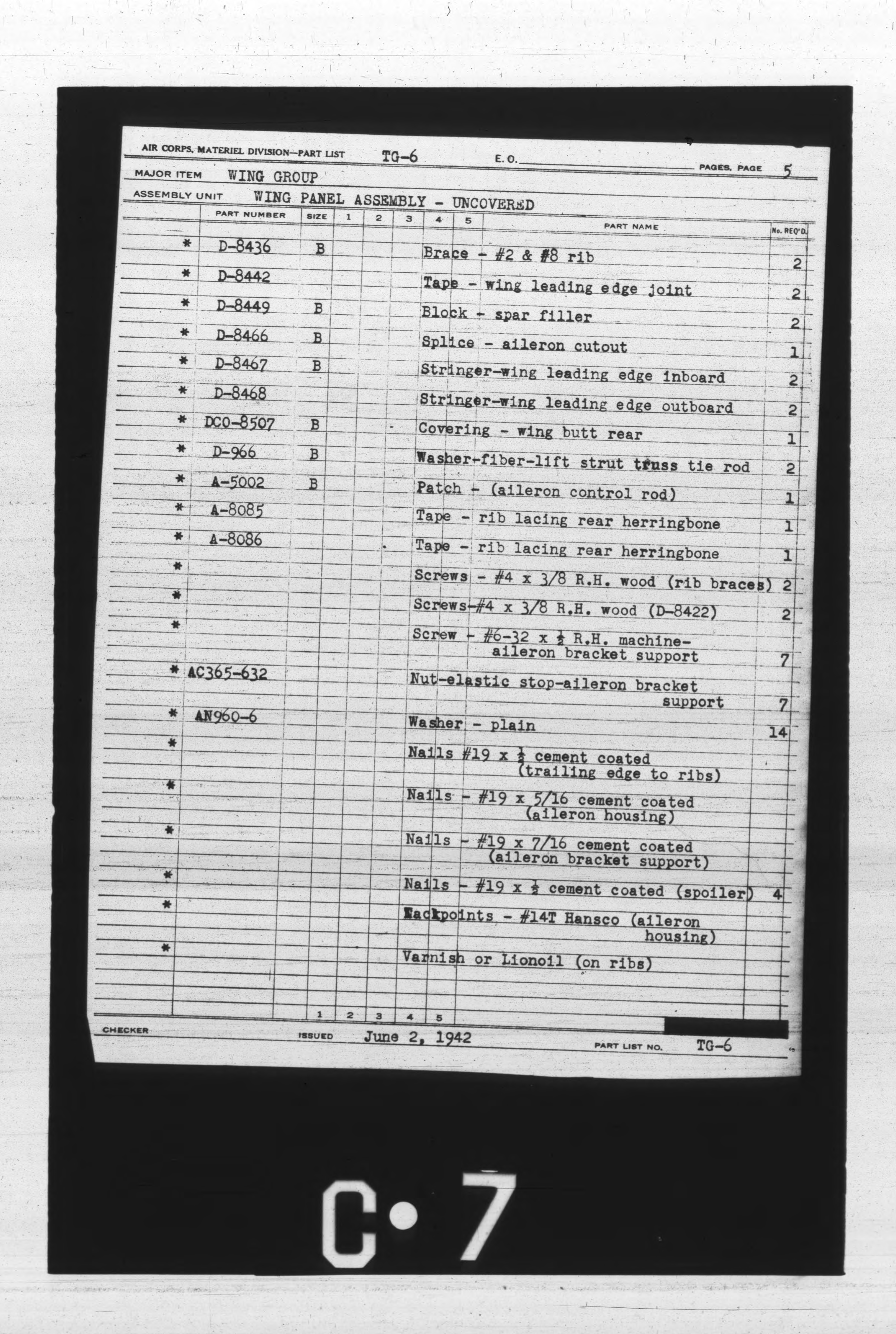 Sample page 7 from AirCorps Library document: Numerical List of Drawings TG-6 Glider Installation and Assemblies Index