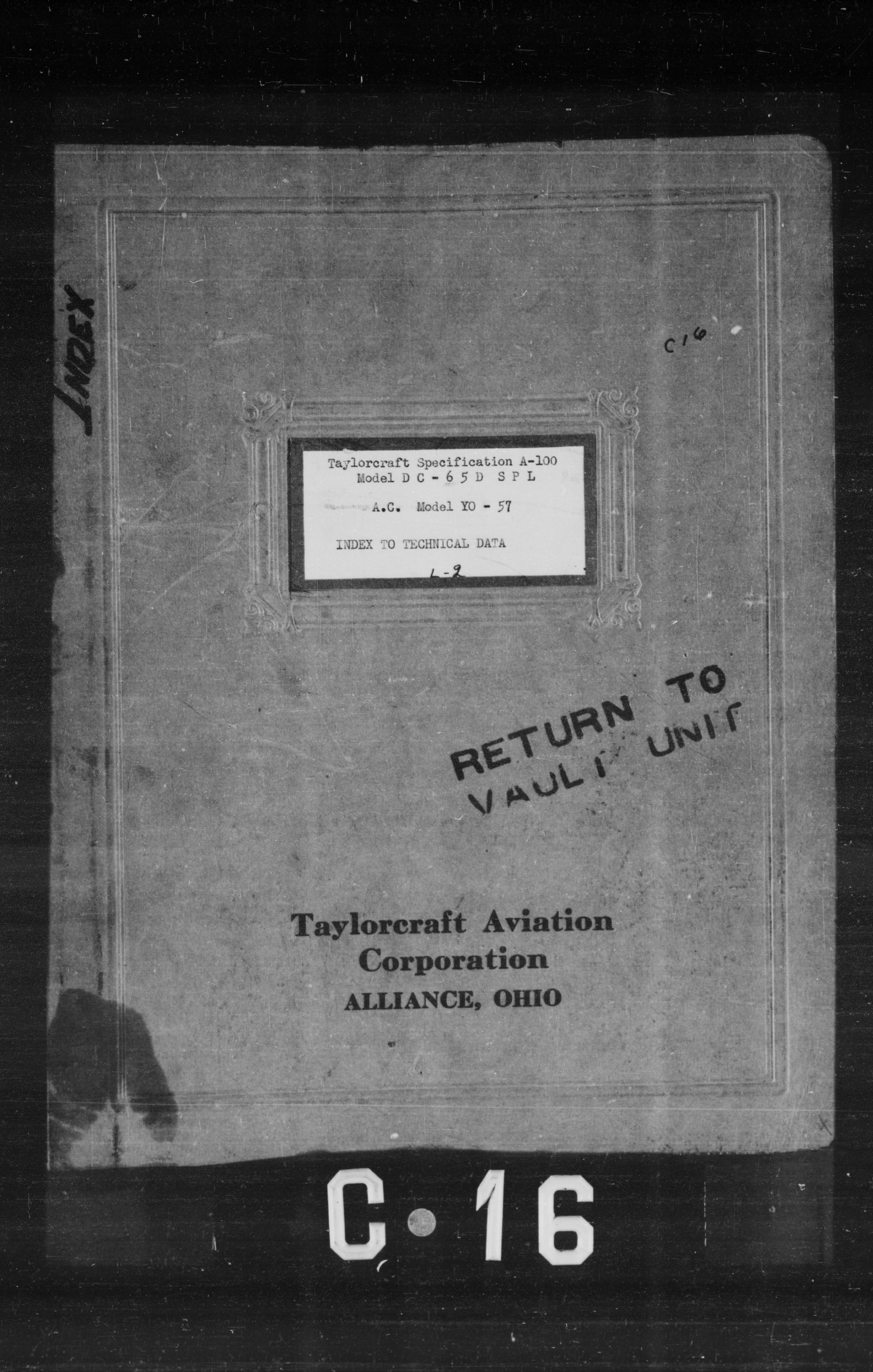 Sample page 1 from AirCorps Library document: Index to Technical Data for Model DG-65D SPL and YO-57