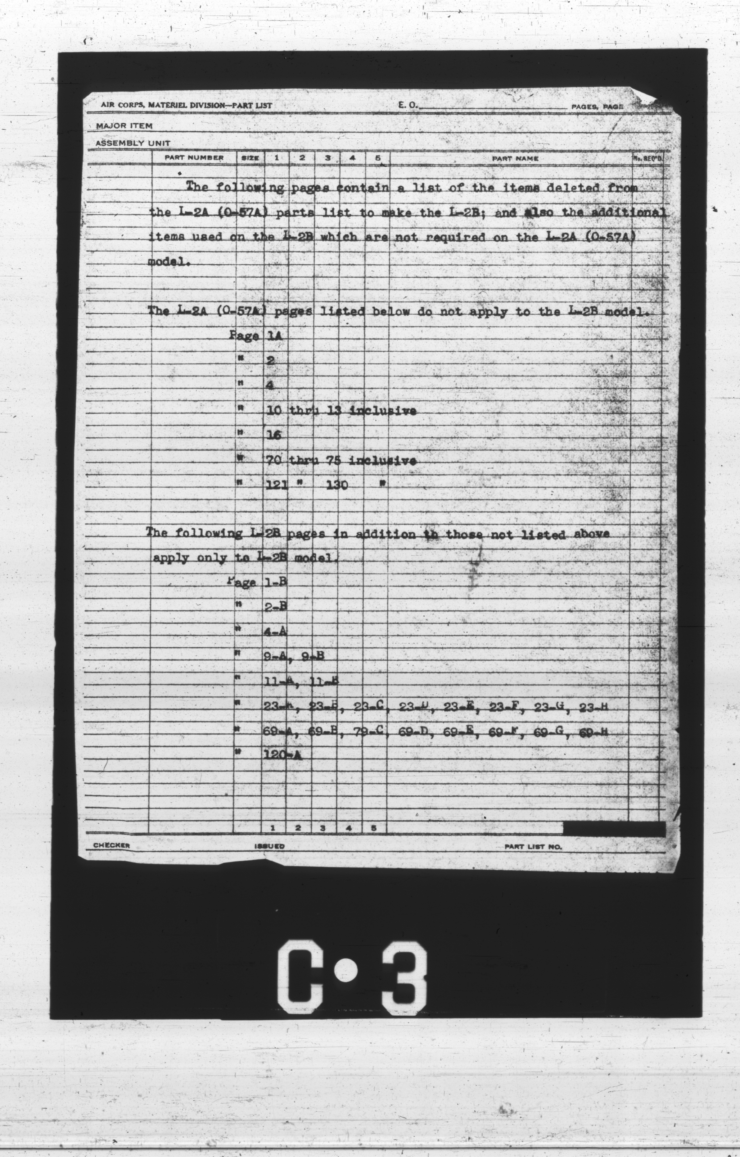 Sample page 1 from AirCorps Library document: Deleted and Additional Items Parts List for L-2A (O-57A) To Make L-2B