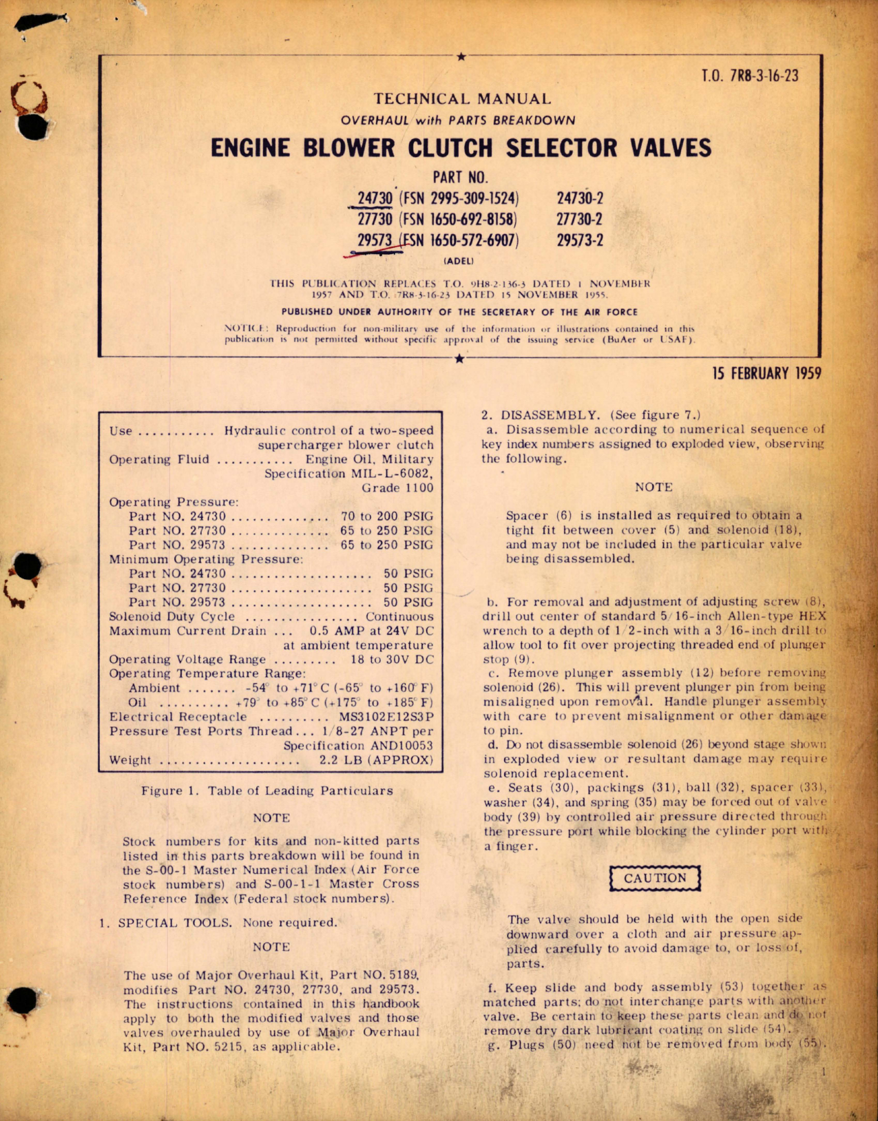 Sample page 1 from AirCorps Library document: Overhaul with Parts Breakdown for Engine Blower Clutch Selector Valves - Parts 24730, 27730, and 29573 