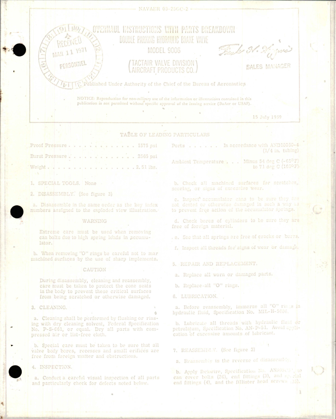 Sample page 1 from AirCorps Library document: Overhaul Instructions with Parts Breakdown for Double Parking Hydraulic Brake Valve - Model 9006
