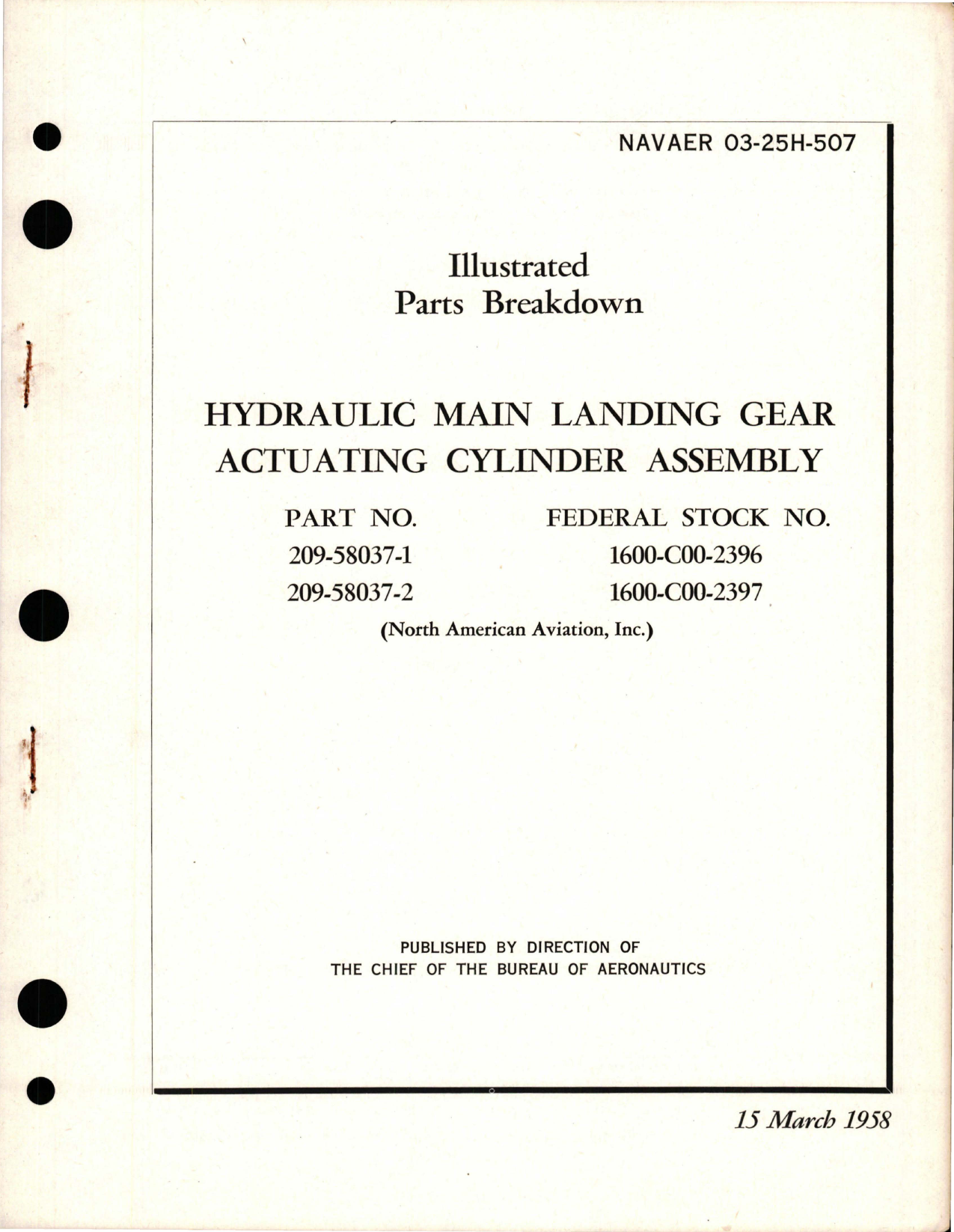 Sample page 1 from AirCorps Library document: Hydraulic Main Landing Gear Actuating Cylinder Assembly - Parts 209-58037-1 and 209-58037-2 