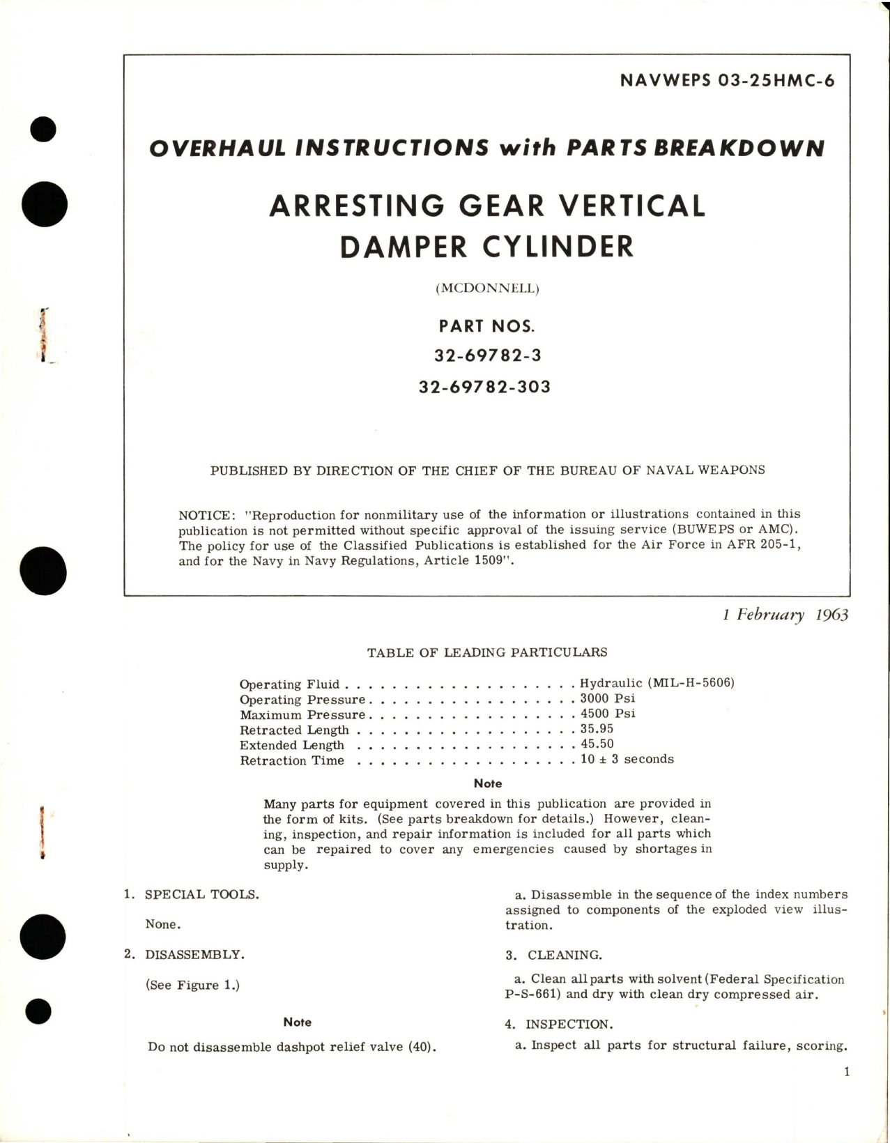 Sample page 1 from AirCorps Library document: Overhaul Instructions with Parts Breakdown for Arresting Gear Vertical Damper Cylinder Parts 32-69782-3 and 32-69782-303