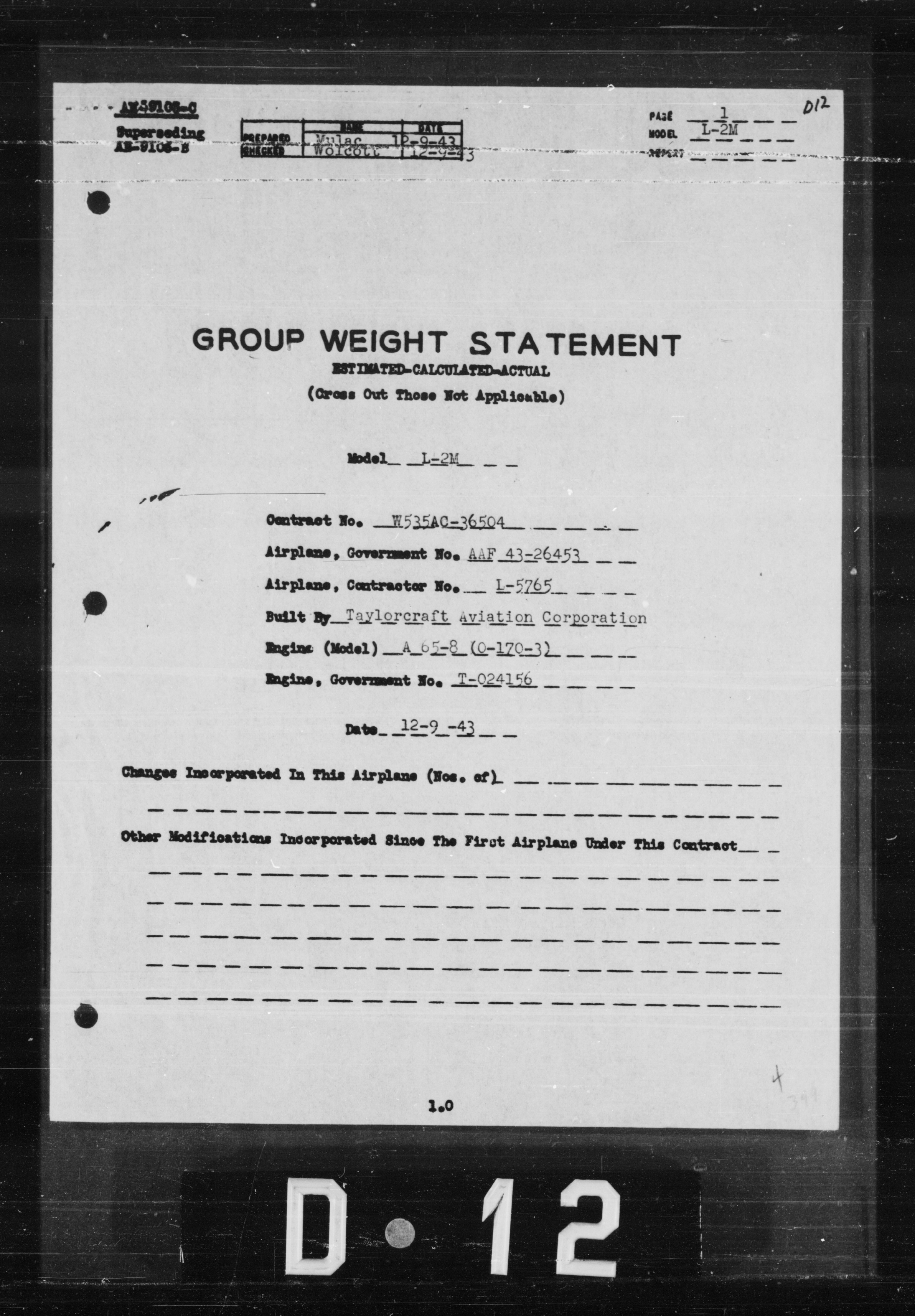 Sample page 1 from AirCorps Library document: Group Weight Statement for Model L-2M