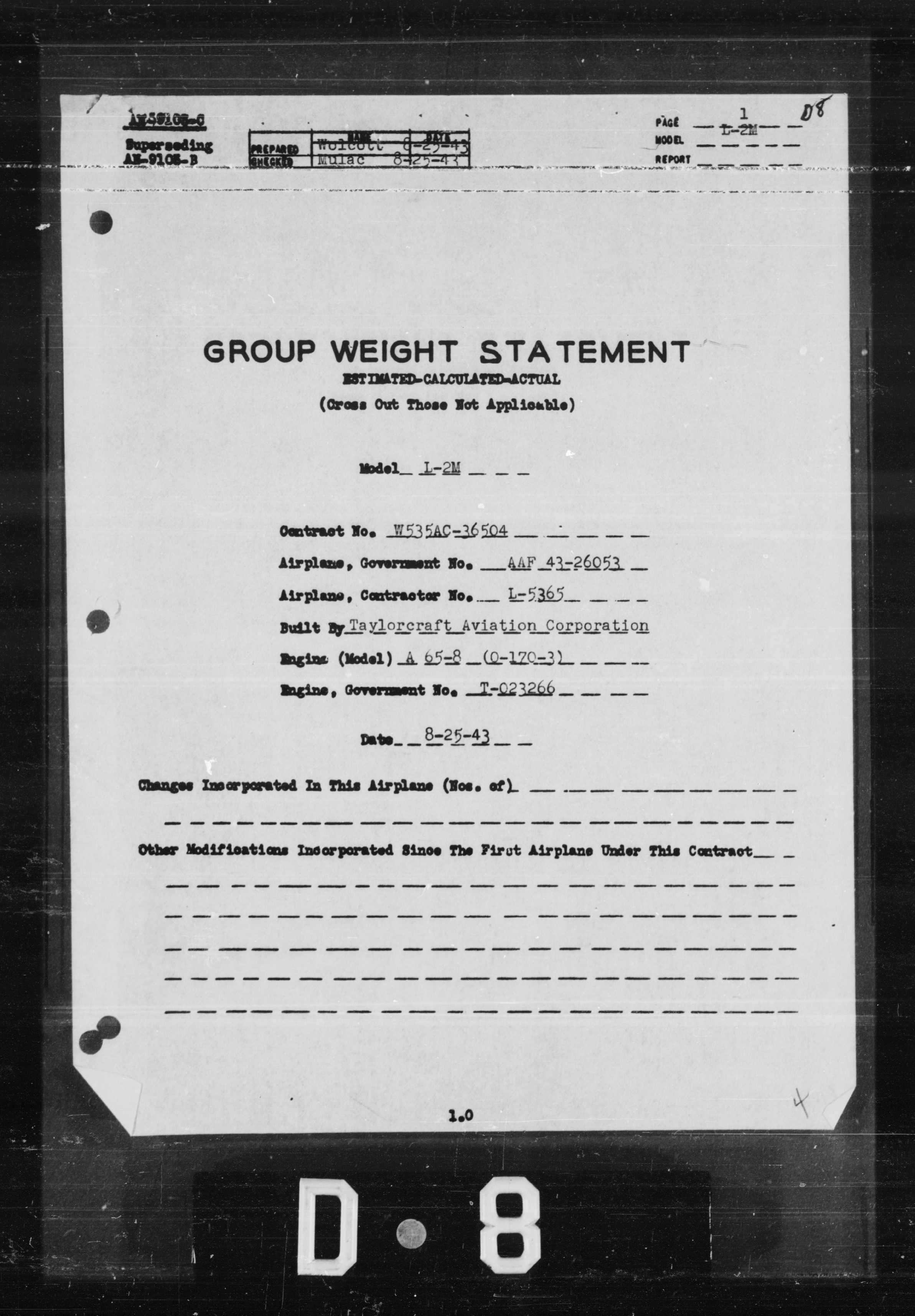 Sample page 1 from AirCorps Library document: Group Weight Statement for Model L-2M