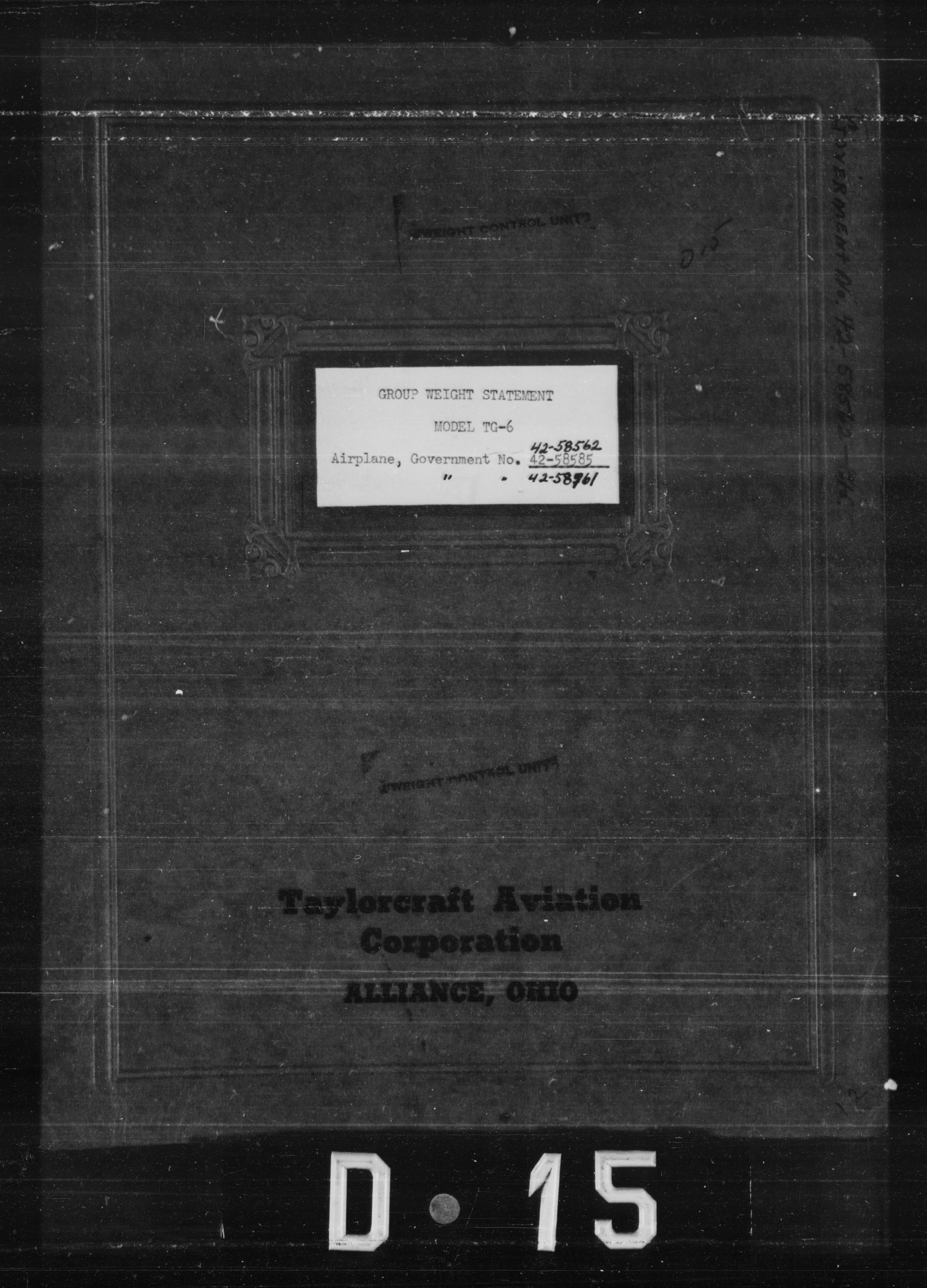Sample page 1 from AirCorps Library document: Group Weight Statement for Model TG-6