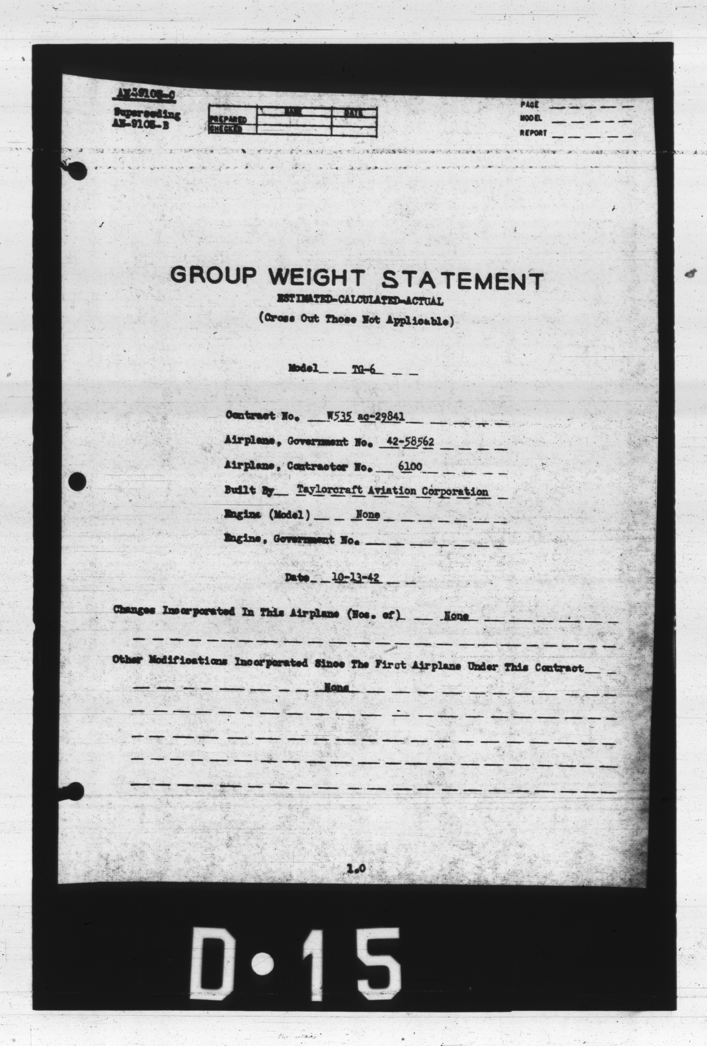 Sample page 2 from AirCorps Library document: Group Weight Statement for Model TG-6