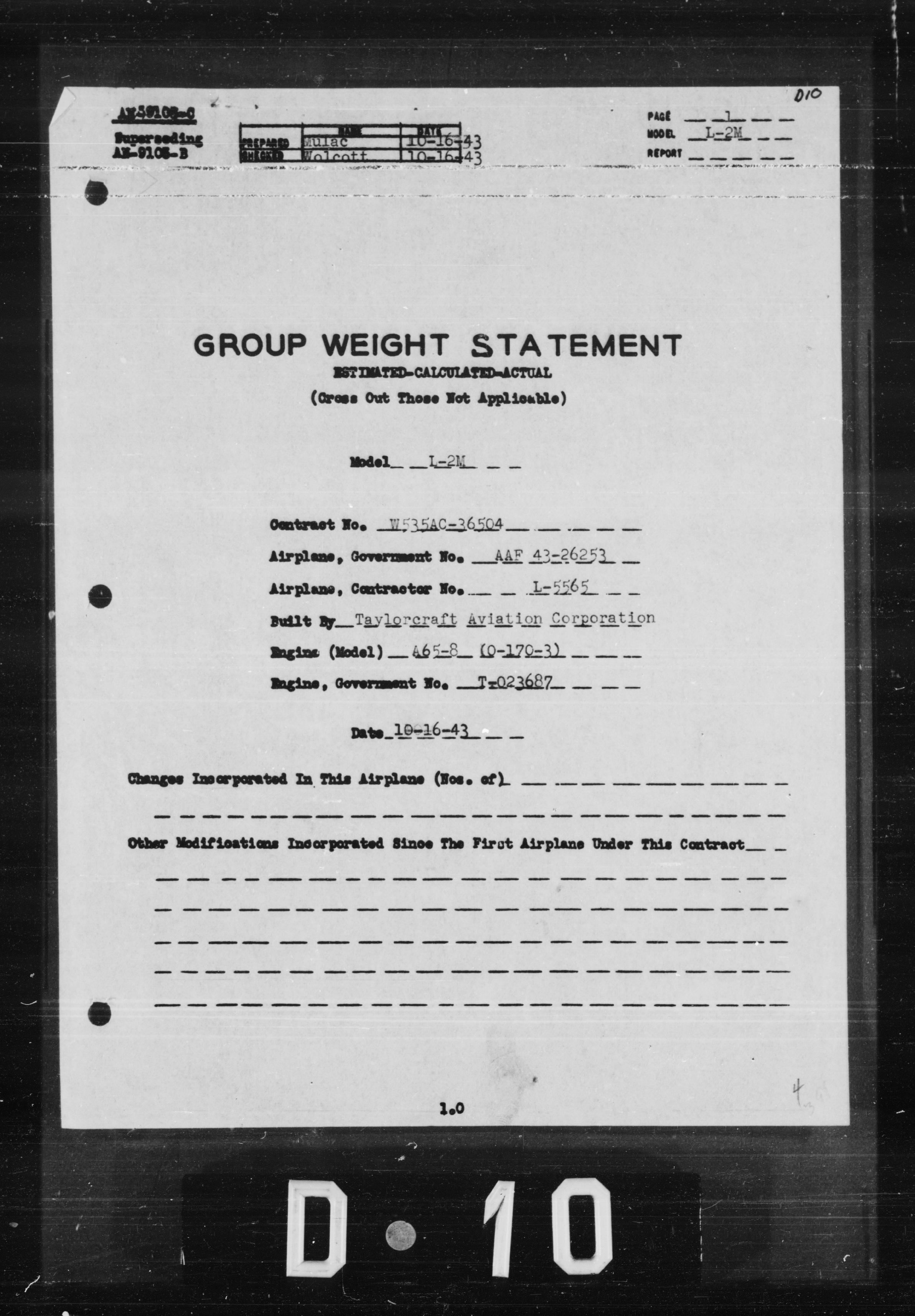 Sample page 1 from AirCorps Library document: Group Weight Statement for Model L-2M