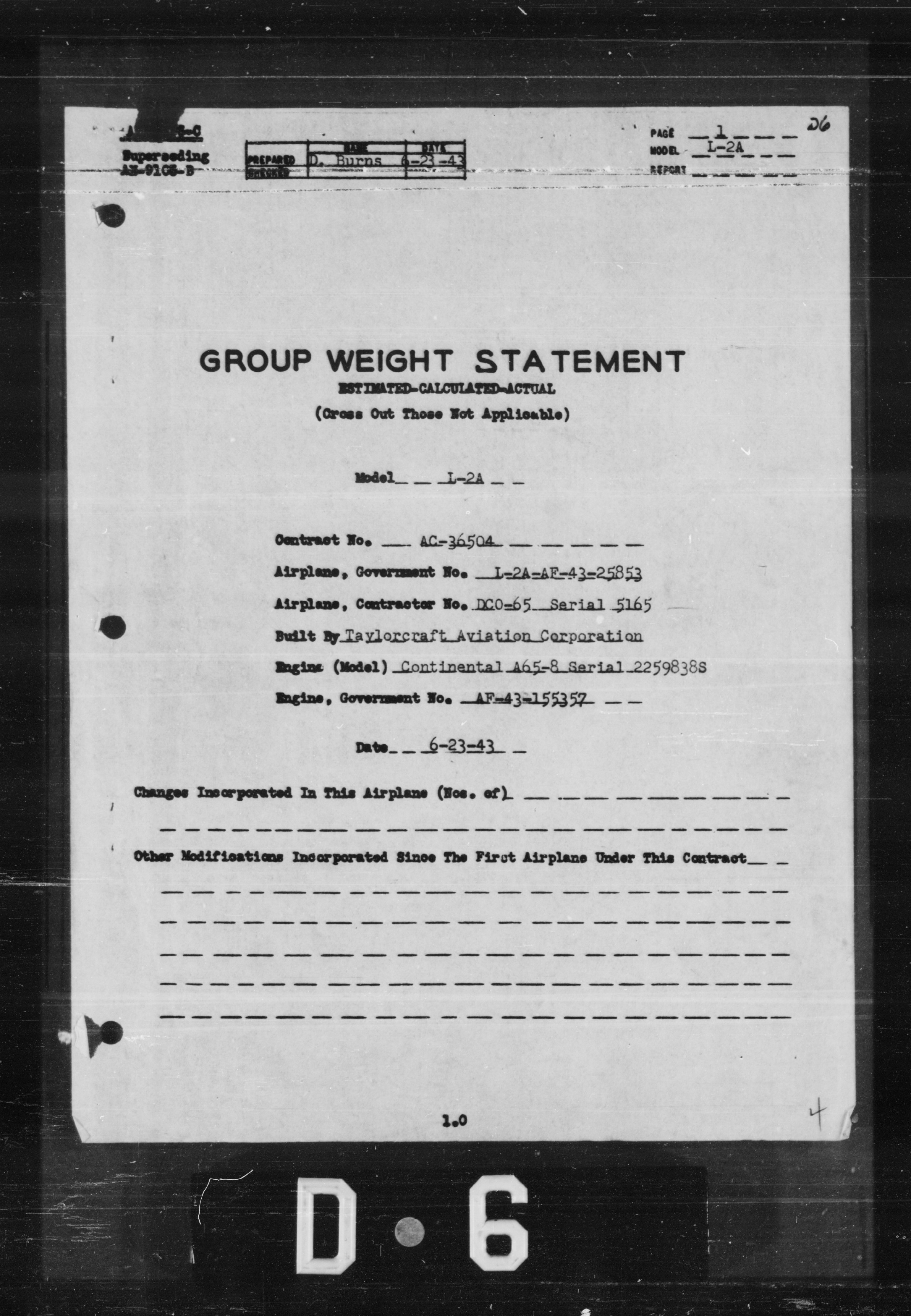 Sample page 1 from AirCorps Library document: Group Weight Statement for Model L-2A