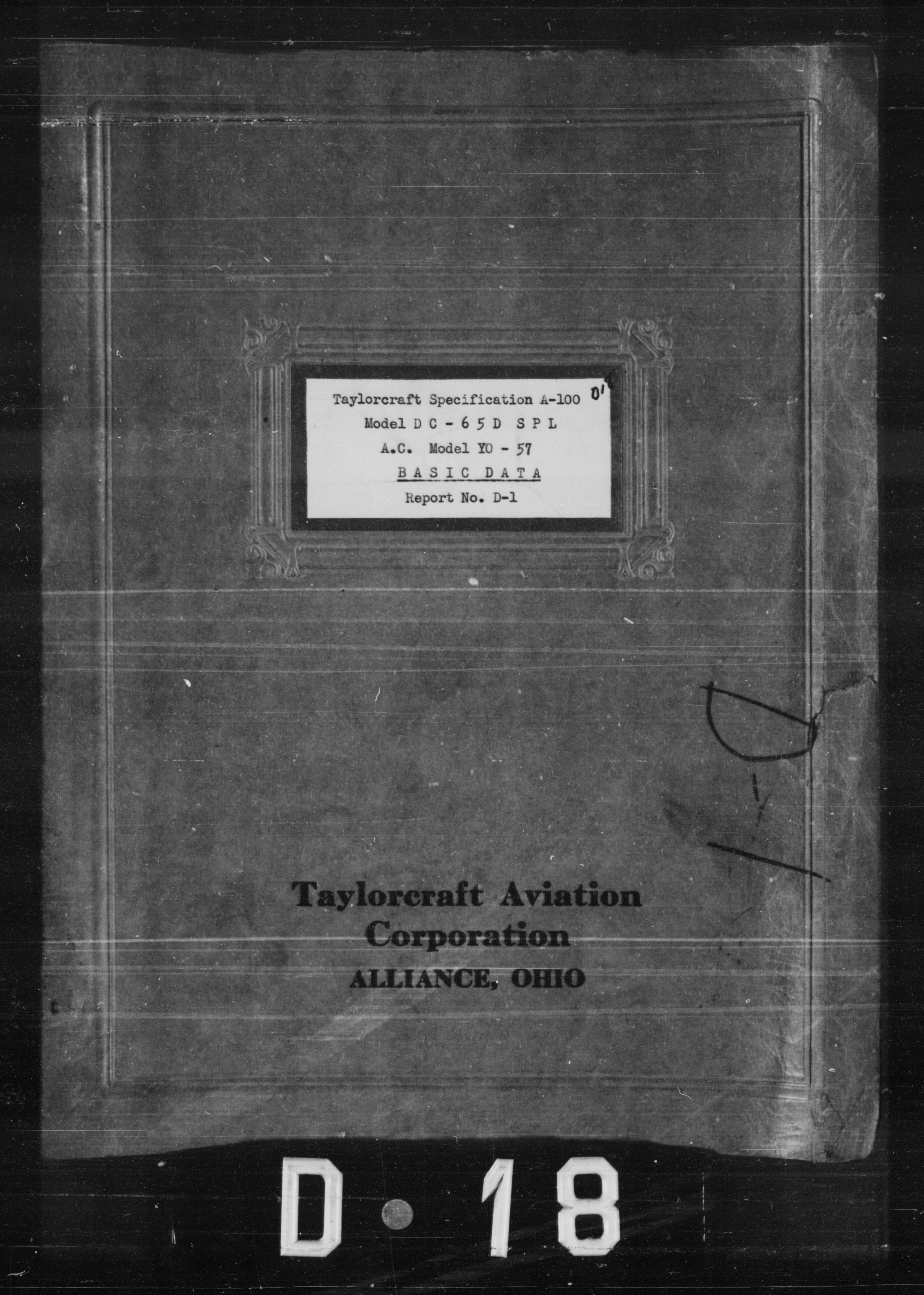 Sample page 1 from AirCorps Library document: Basic Data for Taylorcraft Specification A-100 Model DC-65D SPL A.C. YO-57