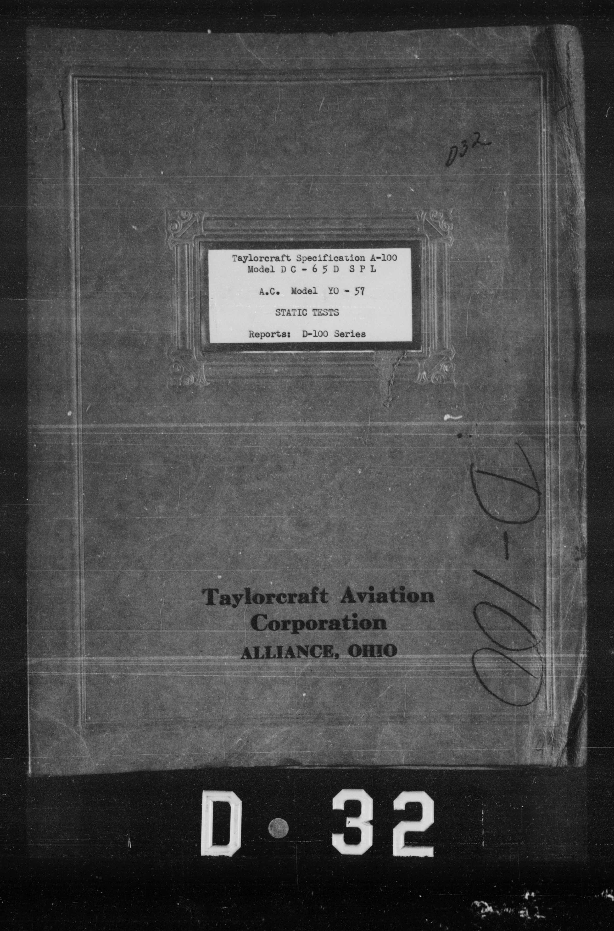 Sample page 1 from AirCorps Library document: Static Tests for Taylorcraft Specification A-100 Model DC-65D SPL A.C. Model YO-57