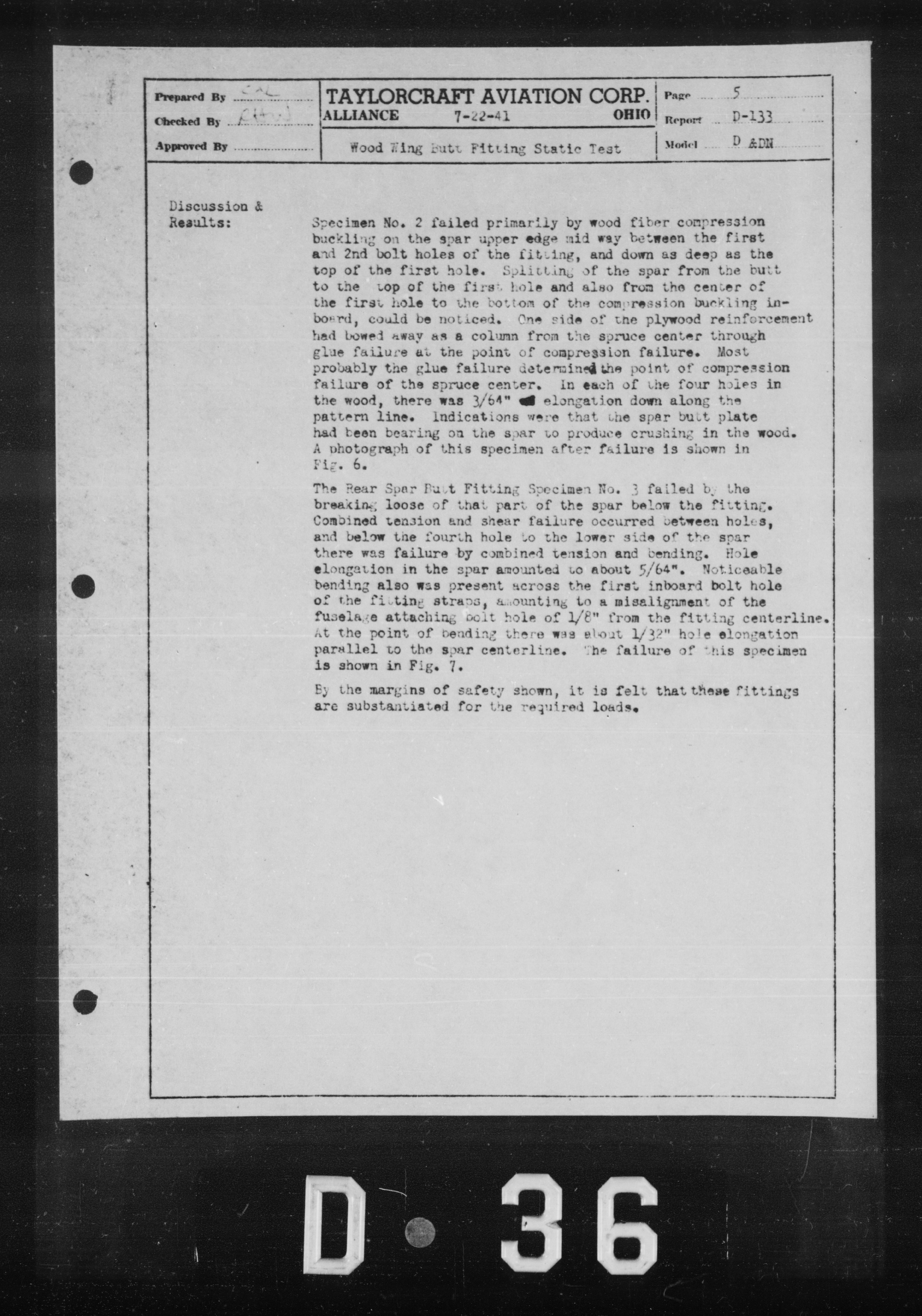 Sample page 7 from AirCorps Library document: Wood Wing Butt Fitting Static Test for Models D & DN