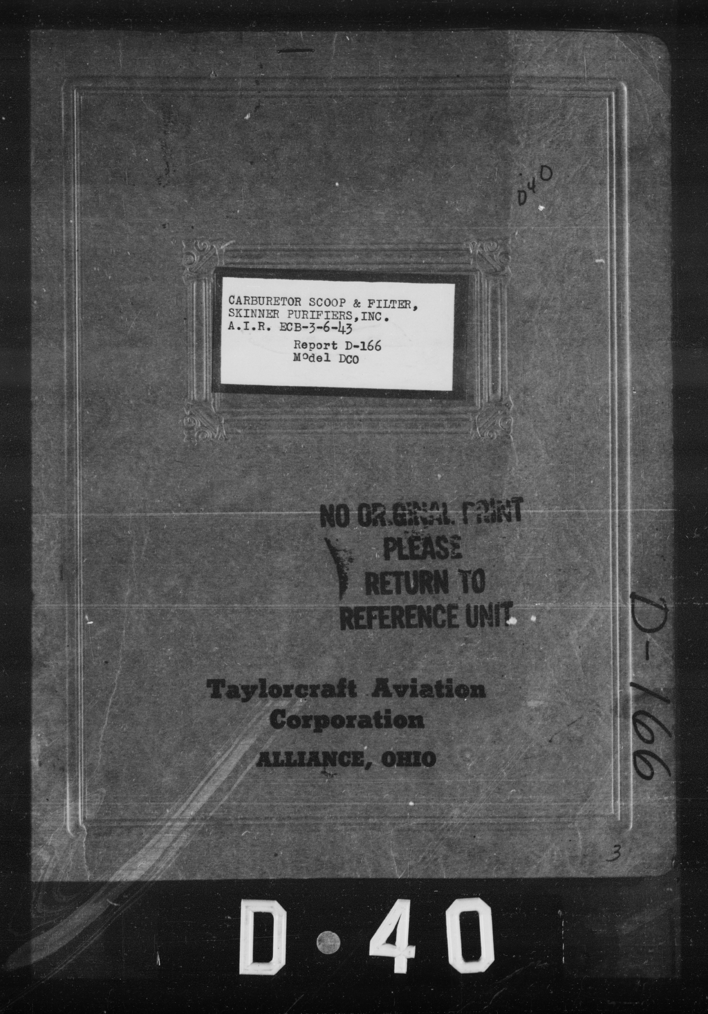 Sample page 1 from AirCorps Library document: Carburetor Scoop & Filter, Skinner Purifiers, Inc. A.I.R. ECB-3-6-43 for Model DCO