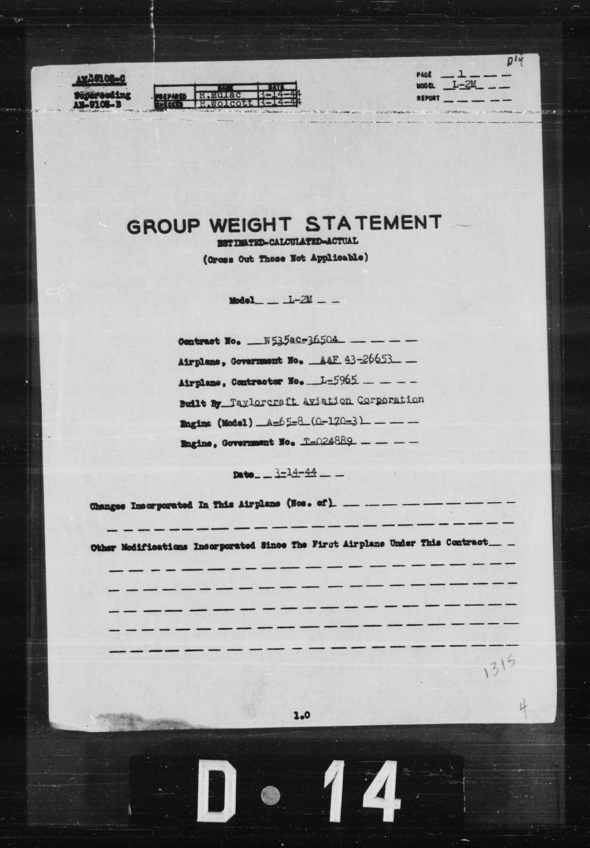 Sample page 1 from AirCorps Library document: Group Weight Statement for Model L-2M Airplane Contractor No. L-5965