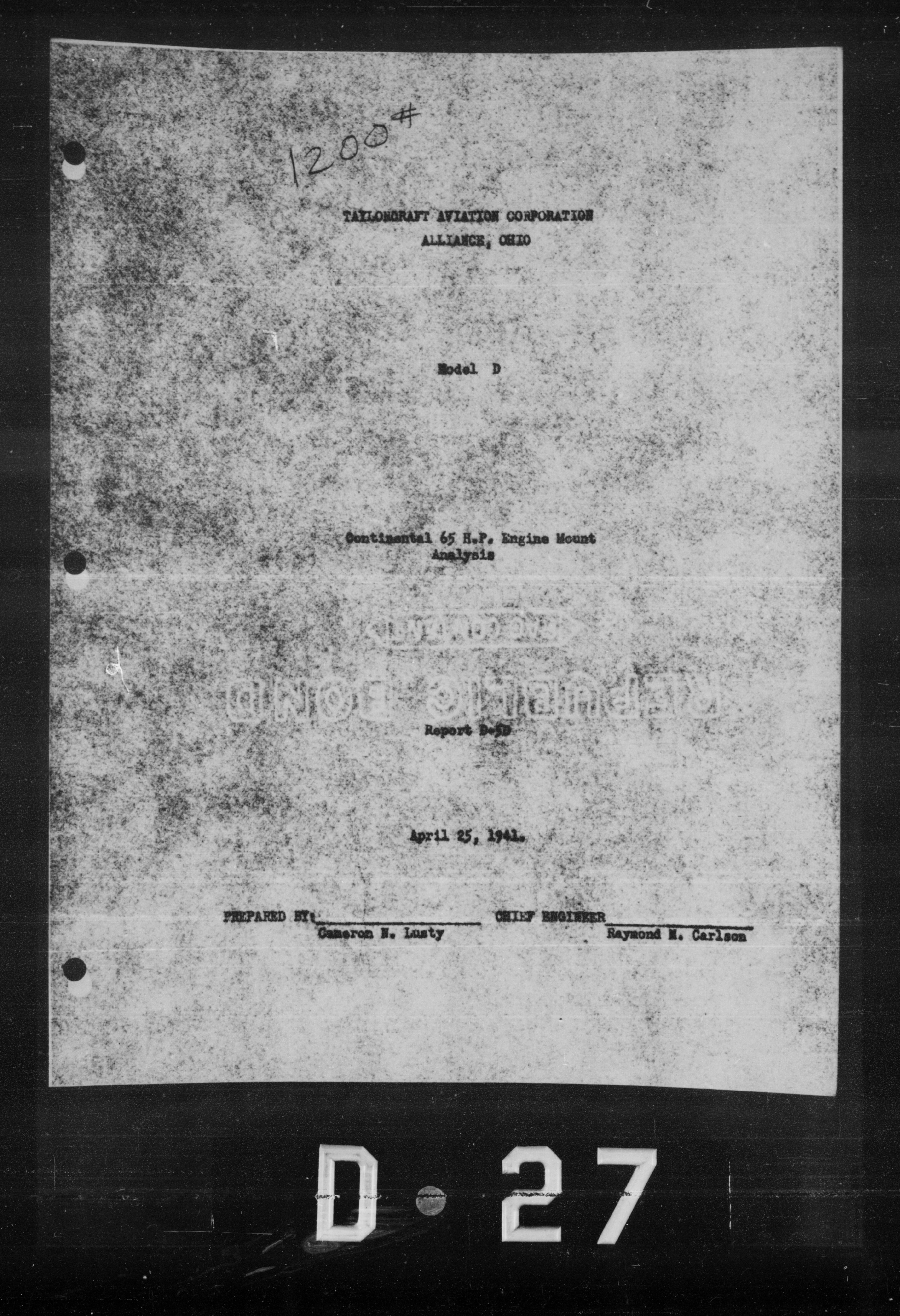 Sample page 2 from AirCorps Library document: Continental 65 H.P. Engine Mount Analysis for Taylorcraft Specification A-100 Model DC-65D SPL A.C. Model YO-57