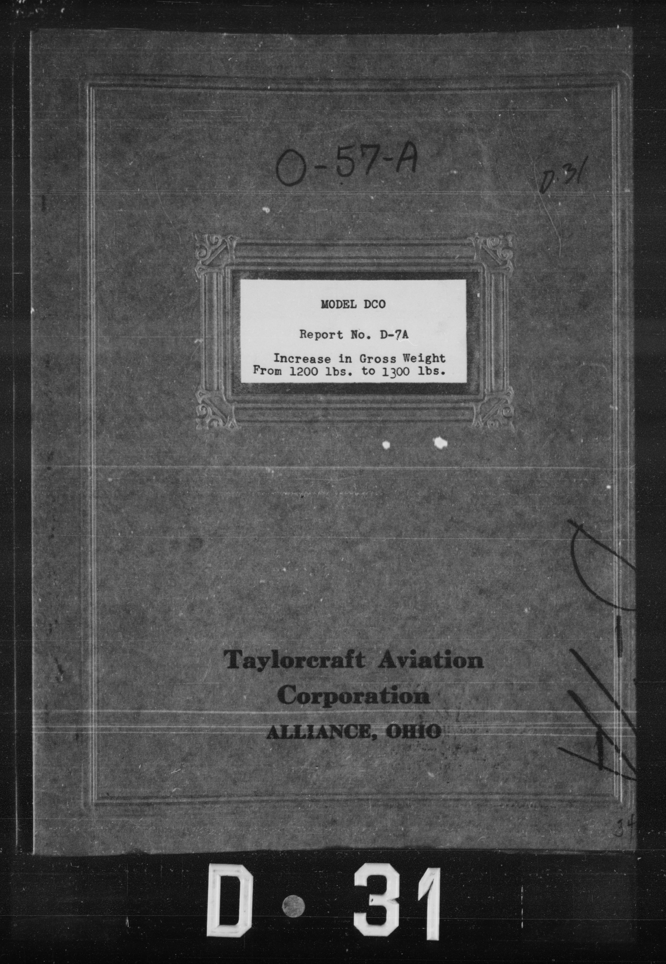 Sample page 1 from AirCorps Library document: Increase Gross Weight From 1200 lbs. to 1300 lbs. for Model DCO