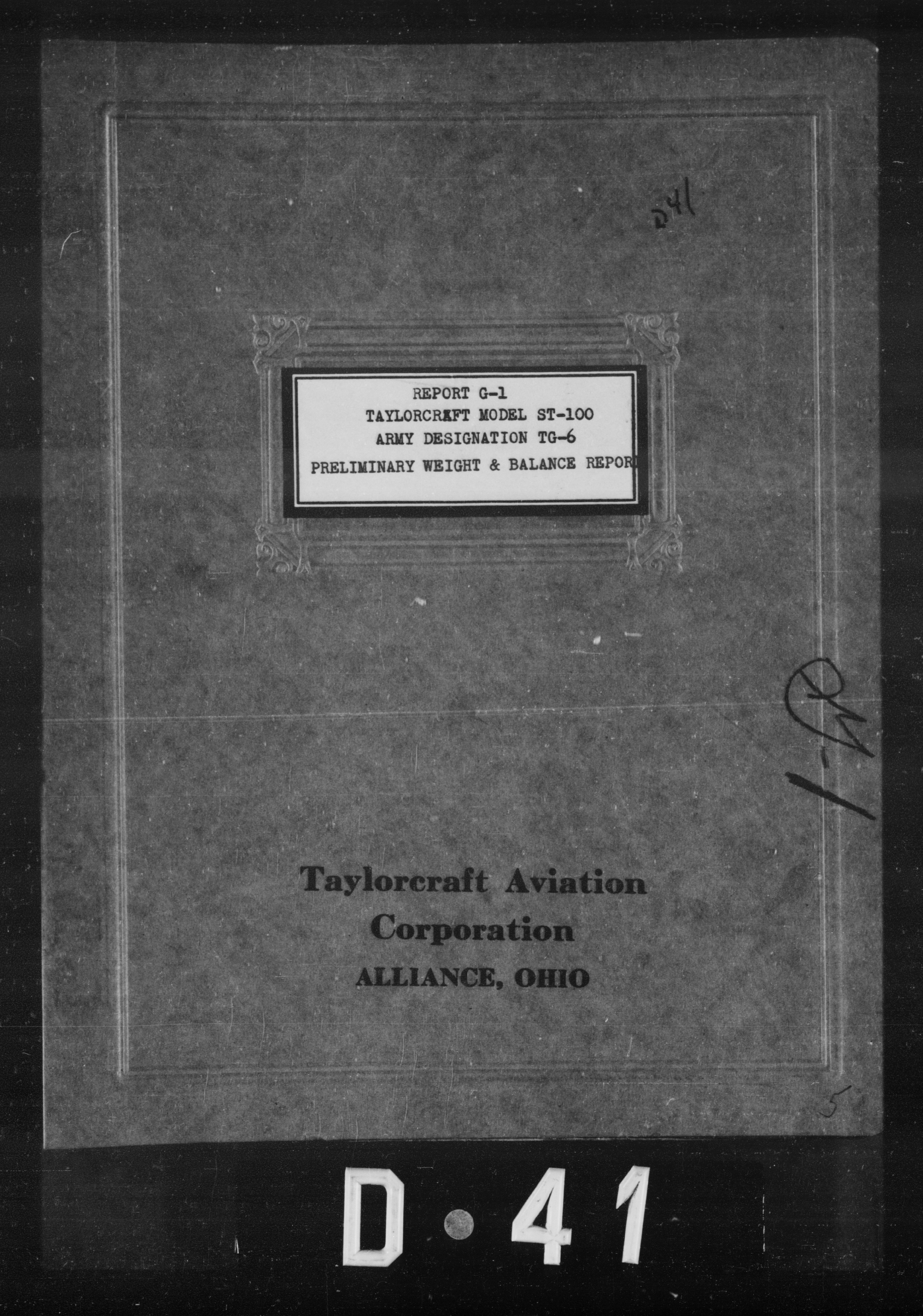 Sample page 1 from AirCorps Library document: Preliminary Weight and Balance Report for Taylorcraft Model ST-100 Army Designation TG-6