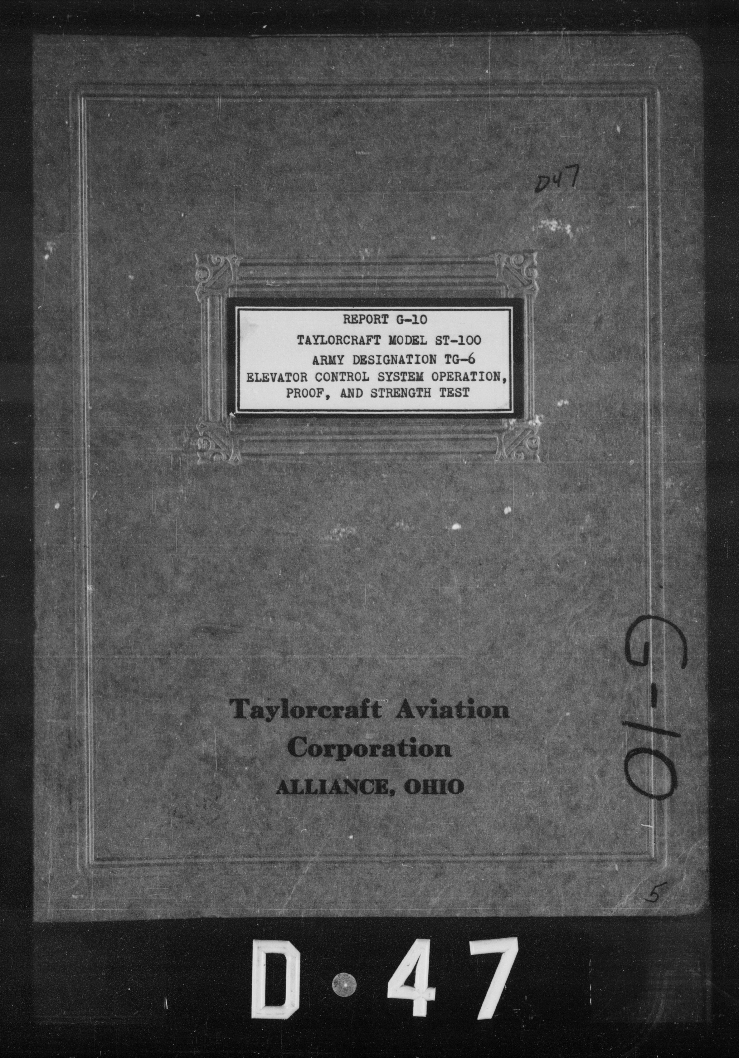 Sample page 1 from AirCorps Library document: Elevator Control System Operation, Proof, and Strength Tests for Taylorcraft Model ST-100 Army Designation TG-6
