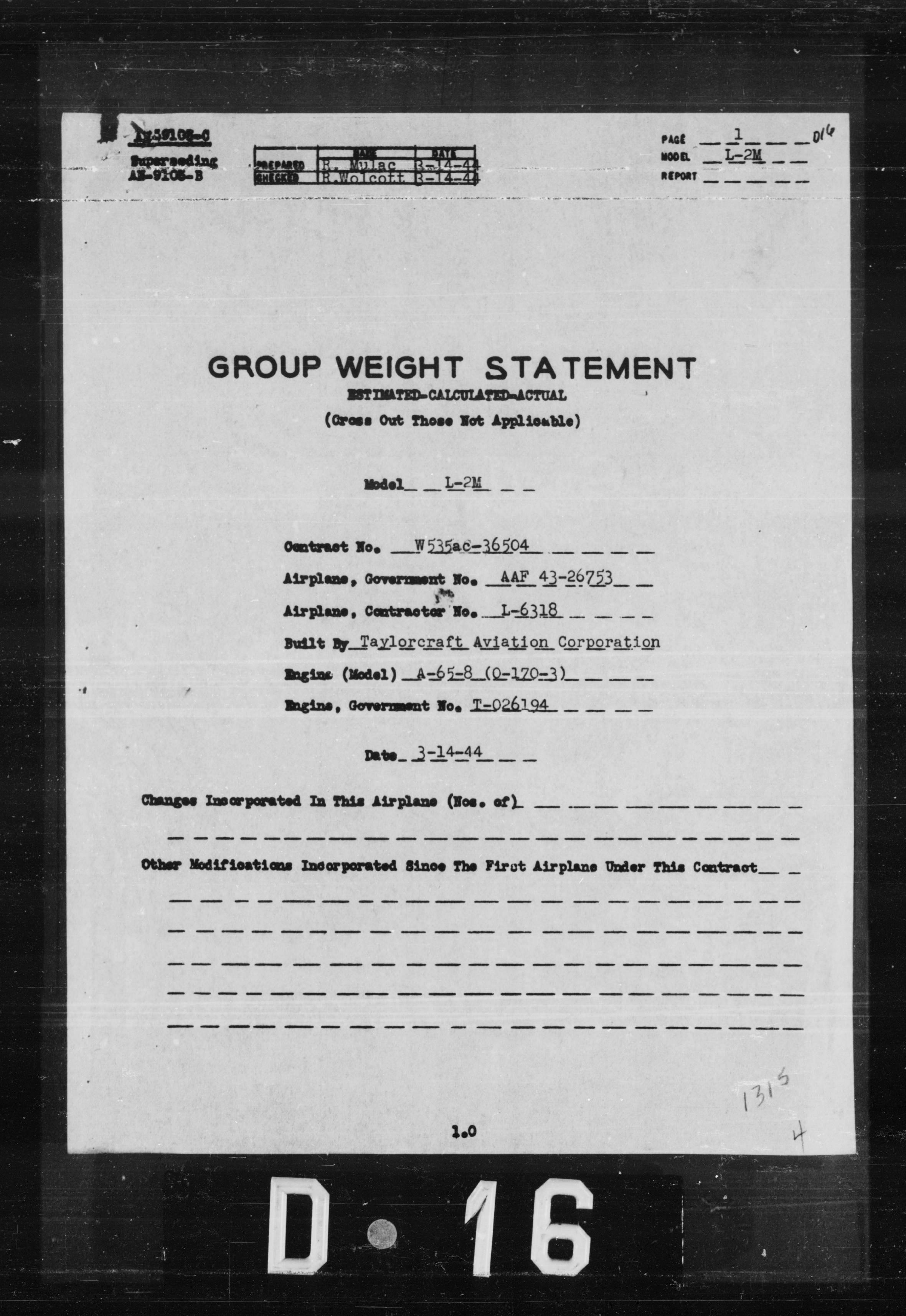 Sample page 1 from AirCorps Library document: Group Weight Statement for Model L-2M Airplane Contractor No. L-6318