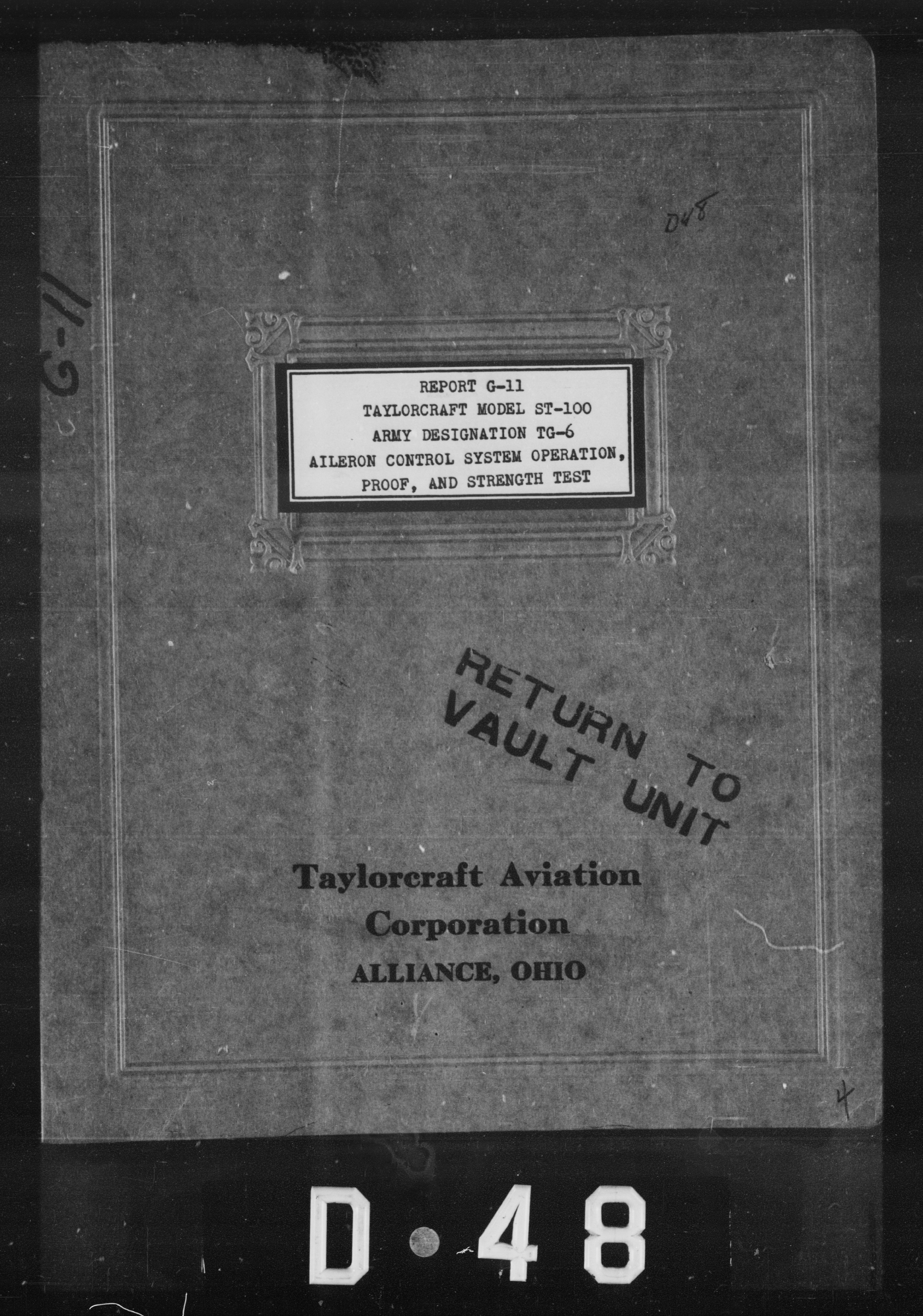 Sample page 1 from AirCorps Library document: Aileron Control System Operation, Proof and Strength Tests for Taylorcraft Model ST-100 Army Designation TG-6