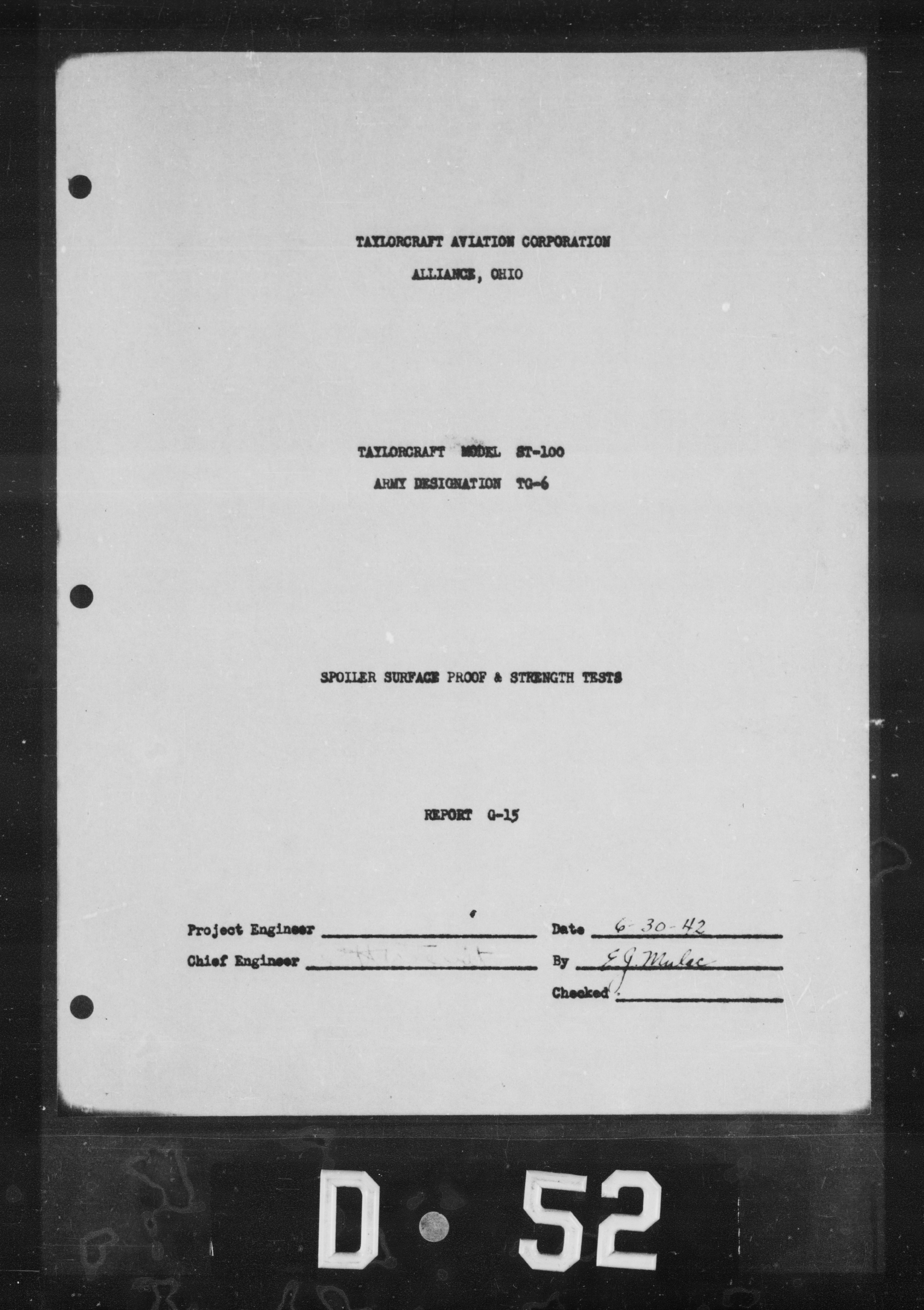 Sample page 1 from AirCorps Library document: Spoiler Surface Proof & Strength Tests for Taylorcraft Model ST-100 Army Designation TG-6