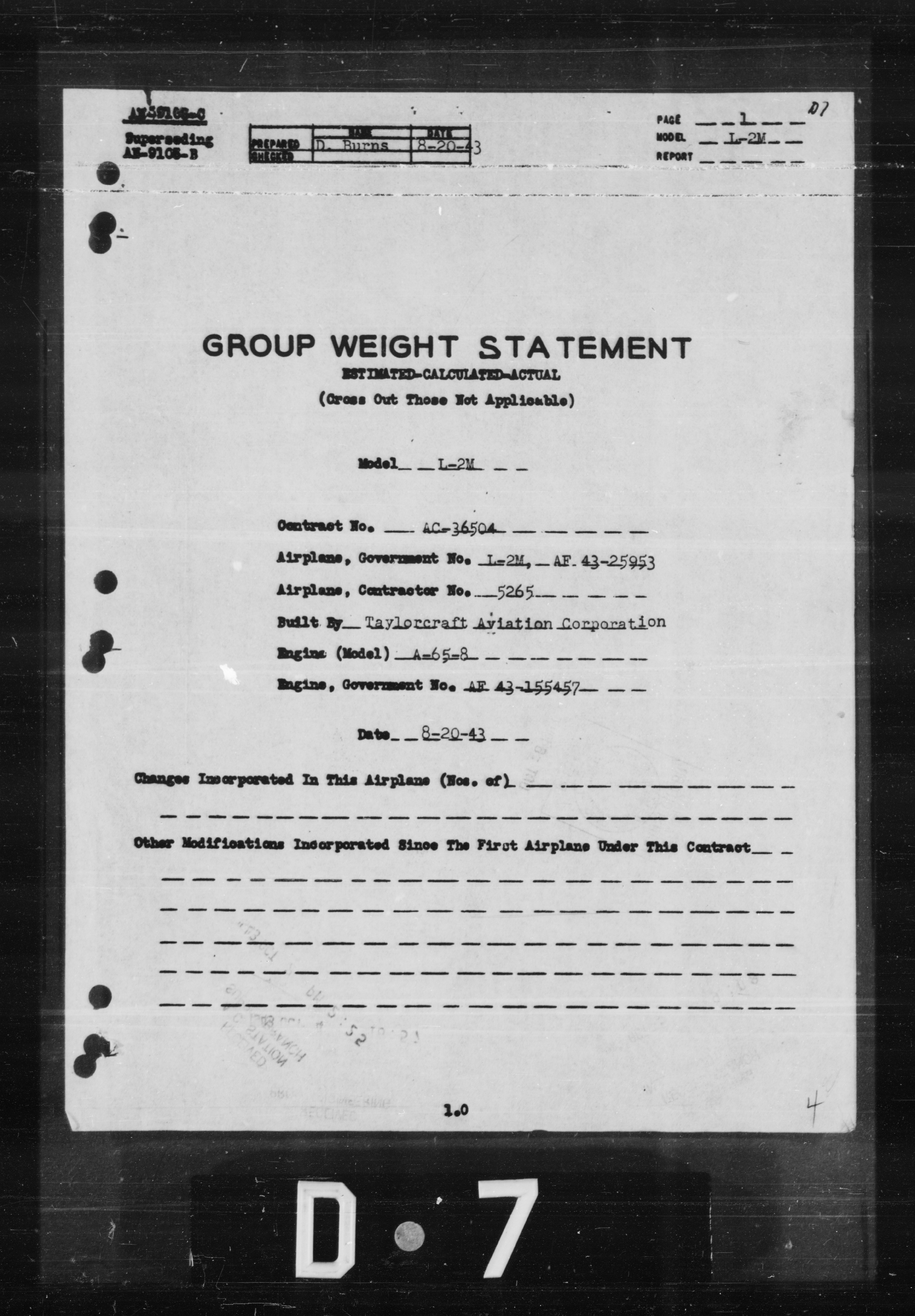 Sample page 1 from AirCorps Library document: Group Weight Statement for Model L-2M