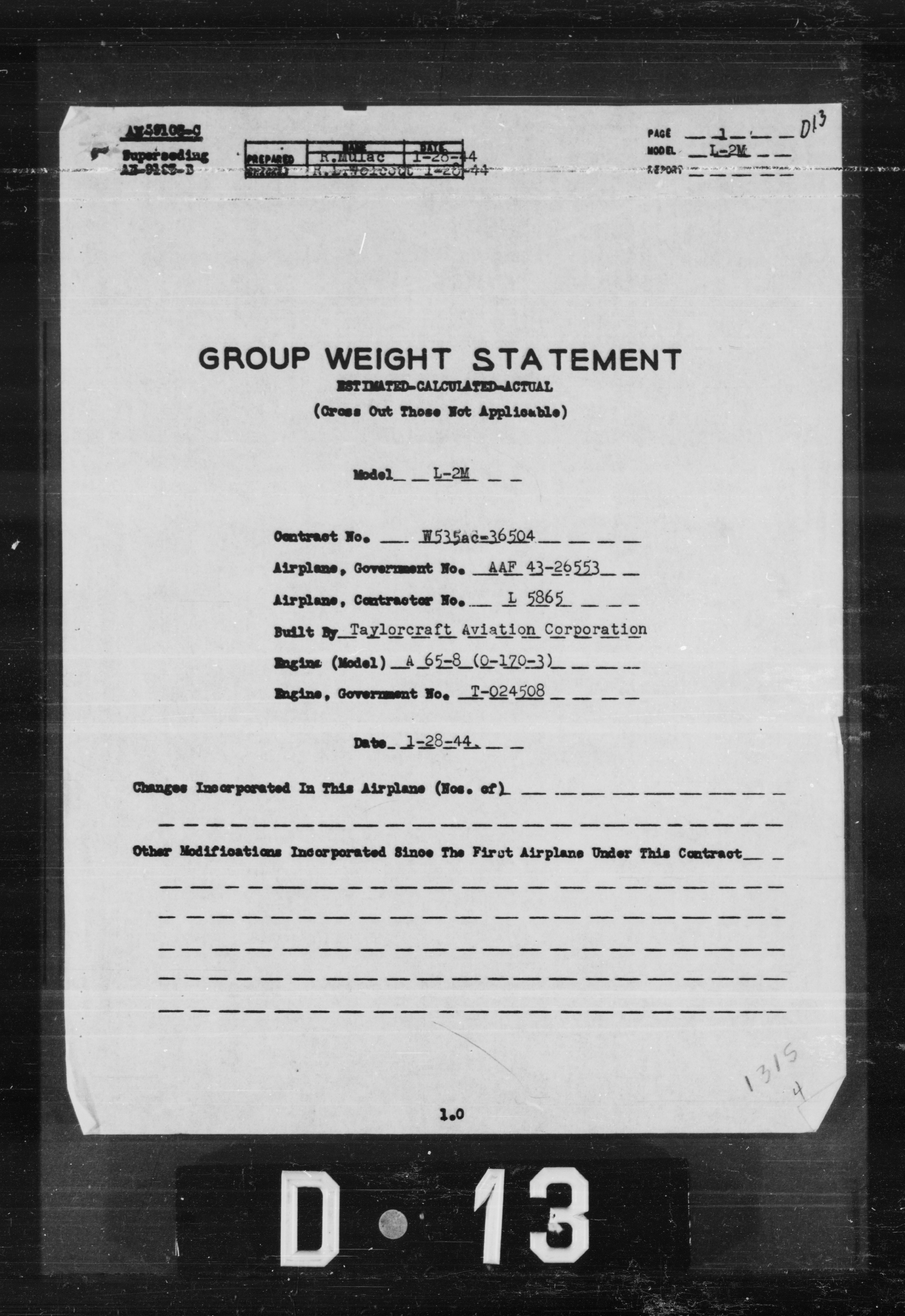 Sample page 1 from AirCorps Library document: Group Weight Statement for Model L-2M