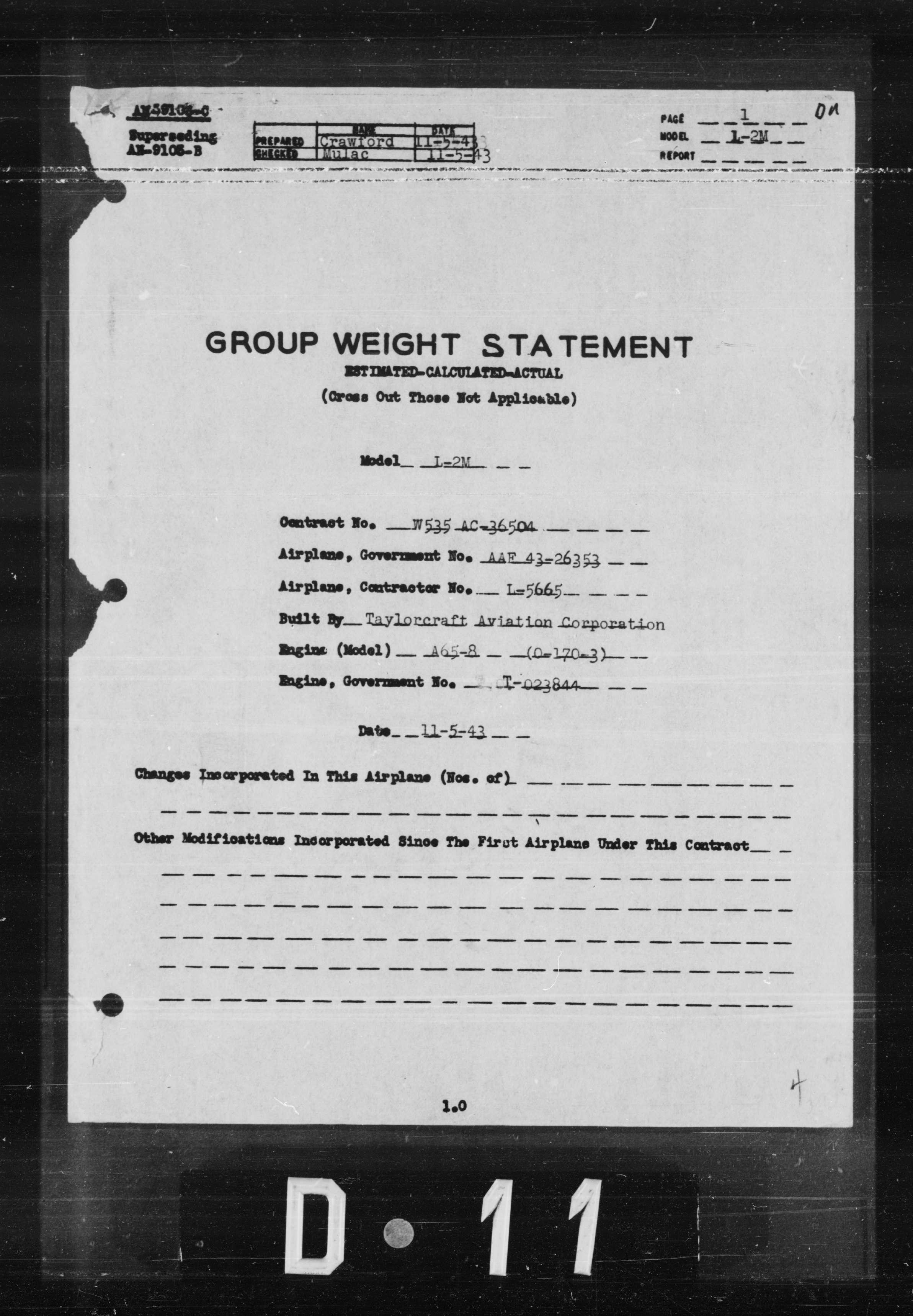Sample page 1 from AirCorps Library document: Group Weight Statement for Model L-2M