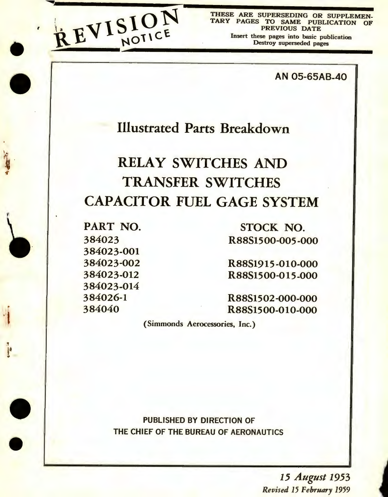 Sample page 1 from AirCorps Library document: Illustrated Parts Breakdown for Relay and Transfer Switches, Capacitor Fuel Gage System, Part No. 384023, 384026, 384040 