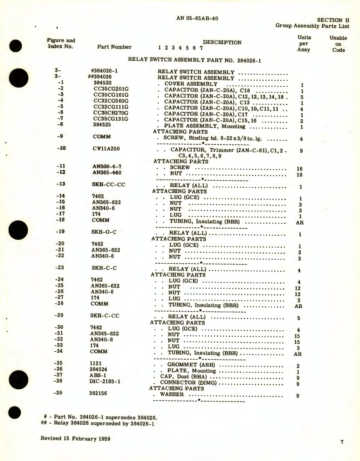 Sample page 5 from AirCorps Library document: Illustrated Parts Breakdown for Relay and Transfer Switches, Capacitor Fuel Gage System, Part No. 384023, 384026, 384040 