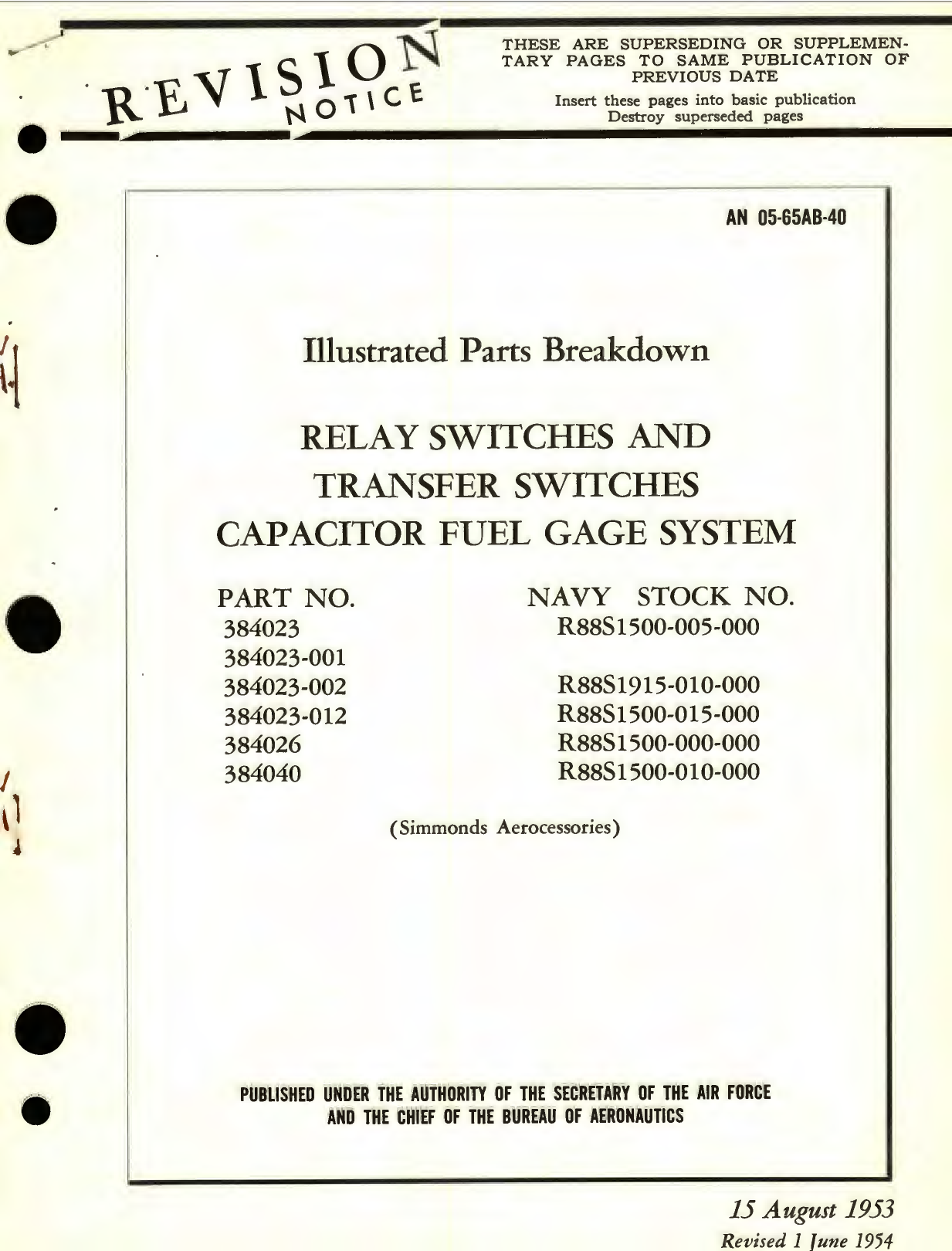 Sample page 1 from AirCorps Library document: Illustrated Parts Breakdown for Relay Switches and Transfer Switches Capacitor Fuel Gage System, Part No. 384023, 384026, 384040 