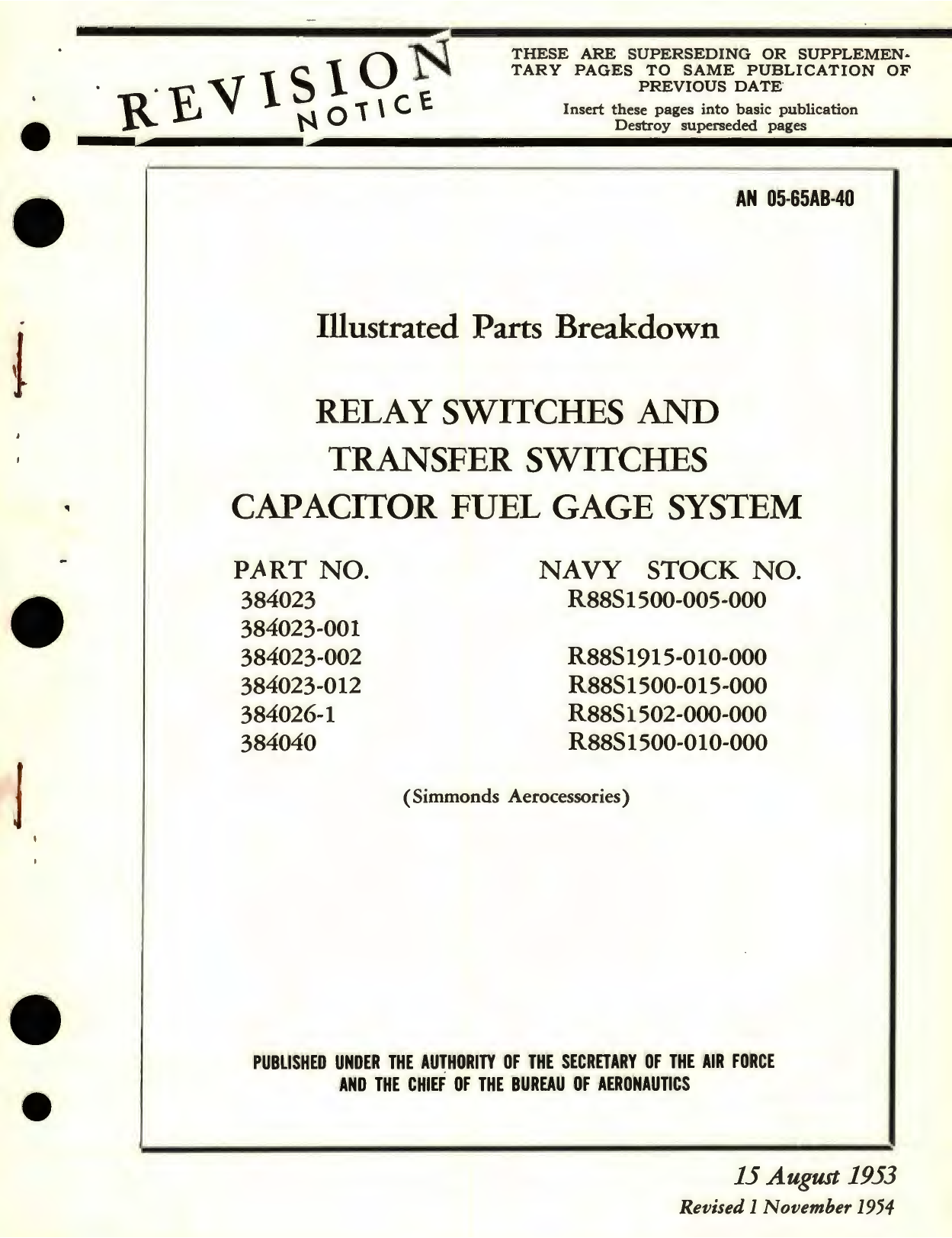 Sample page 1 from AirCorps Library document: Illustrated Parts Breakdown for Relay Switches and Transfer Switches Capacitor Fuel Gage System, Part No. 384023, 384026, 384040 