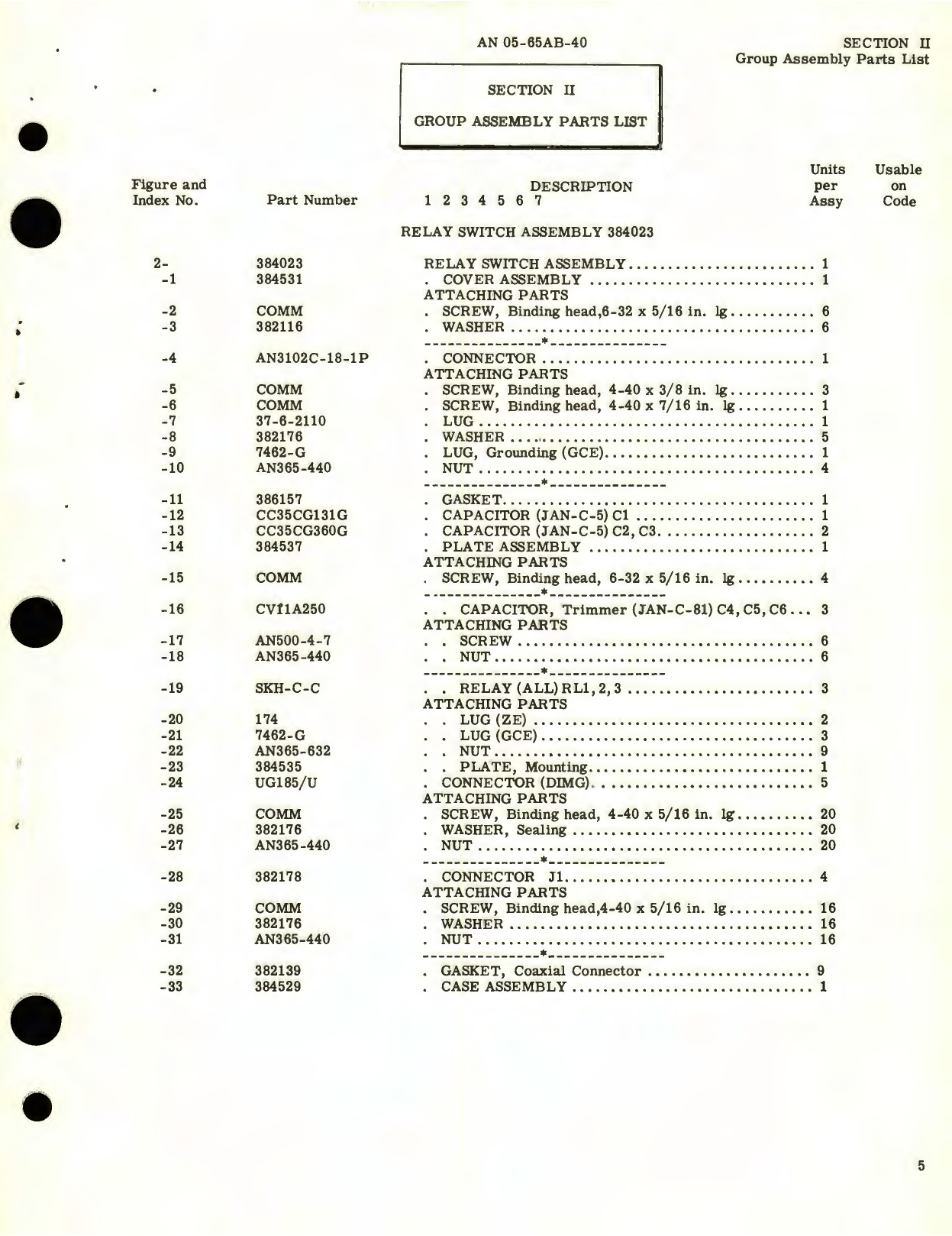 Sample page 5 from AirCorps Library document: Illustrated Parts Breakdown for Relay Switches and Transfer Switches Capacitor Fuel Gage System, Part No. 384023, 384026, 384040 