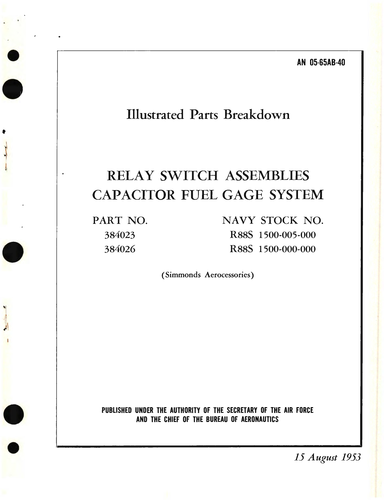 Sample page 1 from AirCorps Library document: Illustrated Parts Breakdown for Relay Switch Assemblies Capacitor Fuel Gage System, Part No. 384023, 384026 