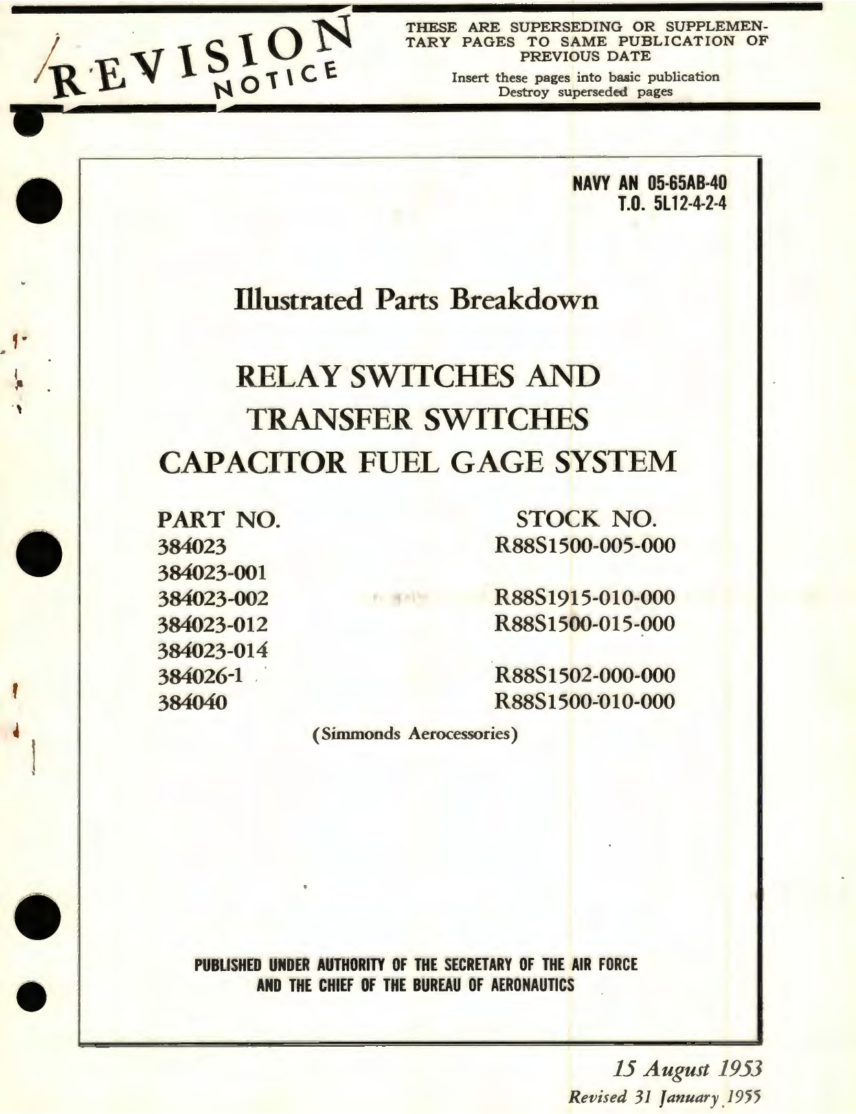 Sample page 1 from AirCorps Library document: Illustrated Parts Breakdown for Relay Switches and Transfer Switches Capacitor Fuel Gage, Part No. 384023, 384026, 384040  