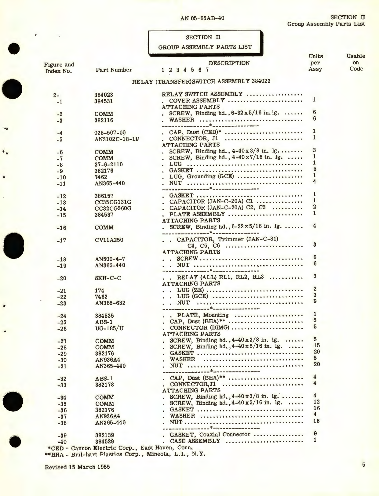 Sample page 5 from AirCorps Library document: Illustrated Parts Breakdown for Relay Switches and Transfer Switches Capacitor Fuel Gage, Part No. 384023, 384026, 384040 