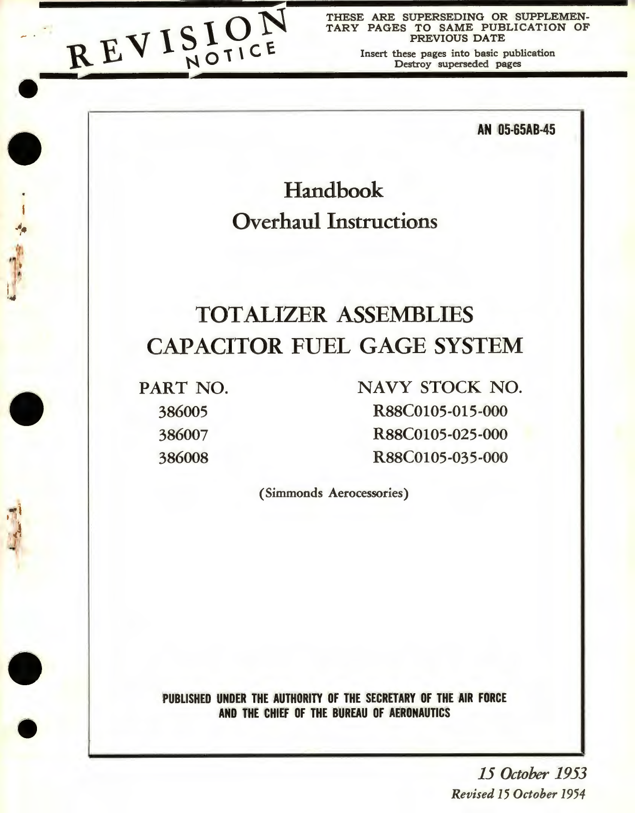 Sample page 1 from AirCorps Library document: Overhaul Instructions for Totalizer Assemblies Capacitor Fuel Gage System, Part No. 386005, 386007, 386008 