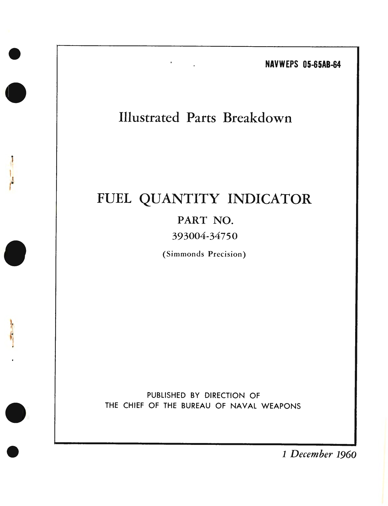 Sample page 1 from AirCorps Library document: Illustrated Parts Breakdown for Fuel Quantity Indicator, Part No. 393004-34750 