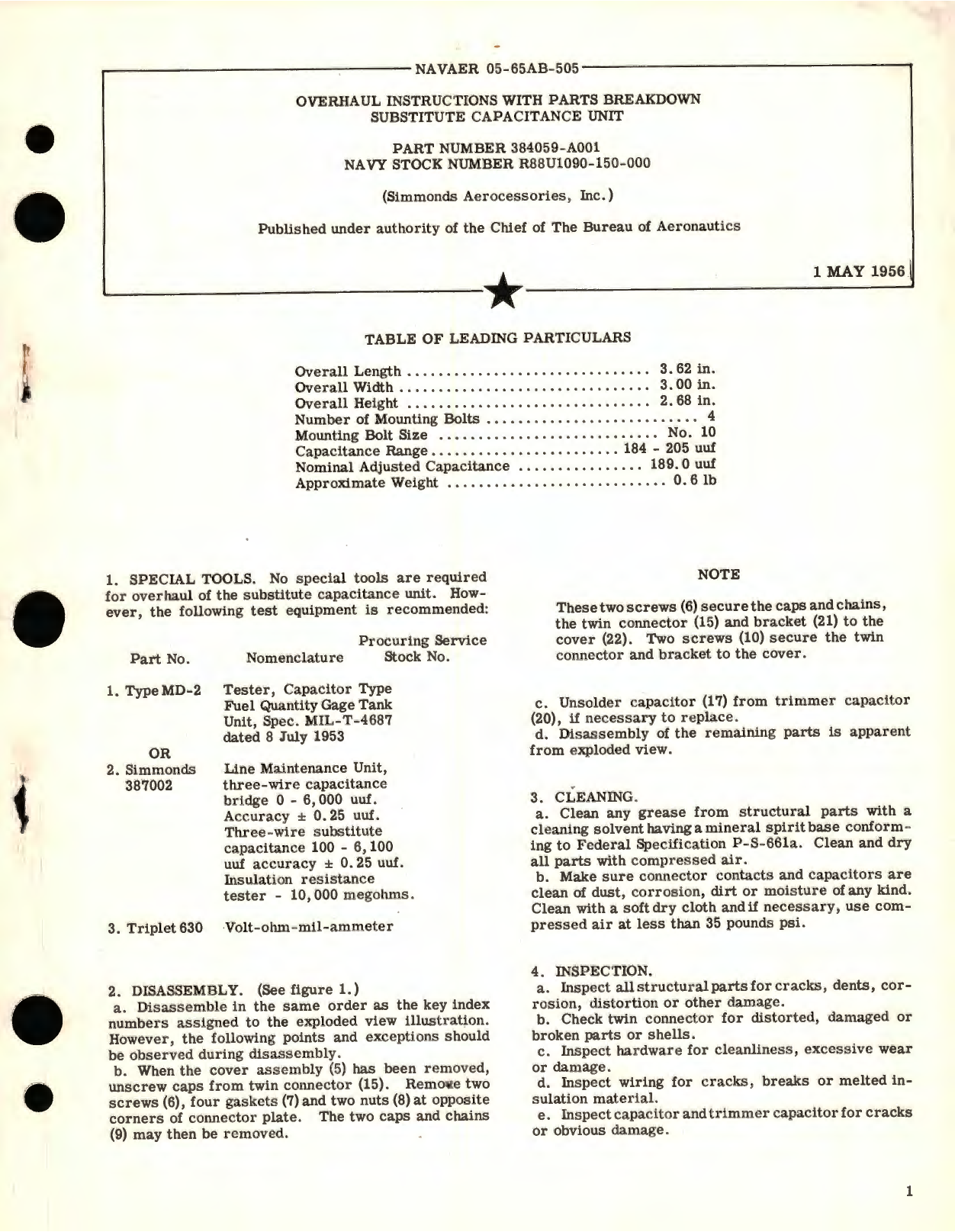 Sample page 1 from AirCorps Library document: Overhaul Instructions with Part Breakdown for Substitute Capacitance Unit, Part No. 384059-A001