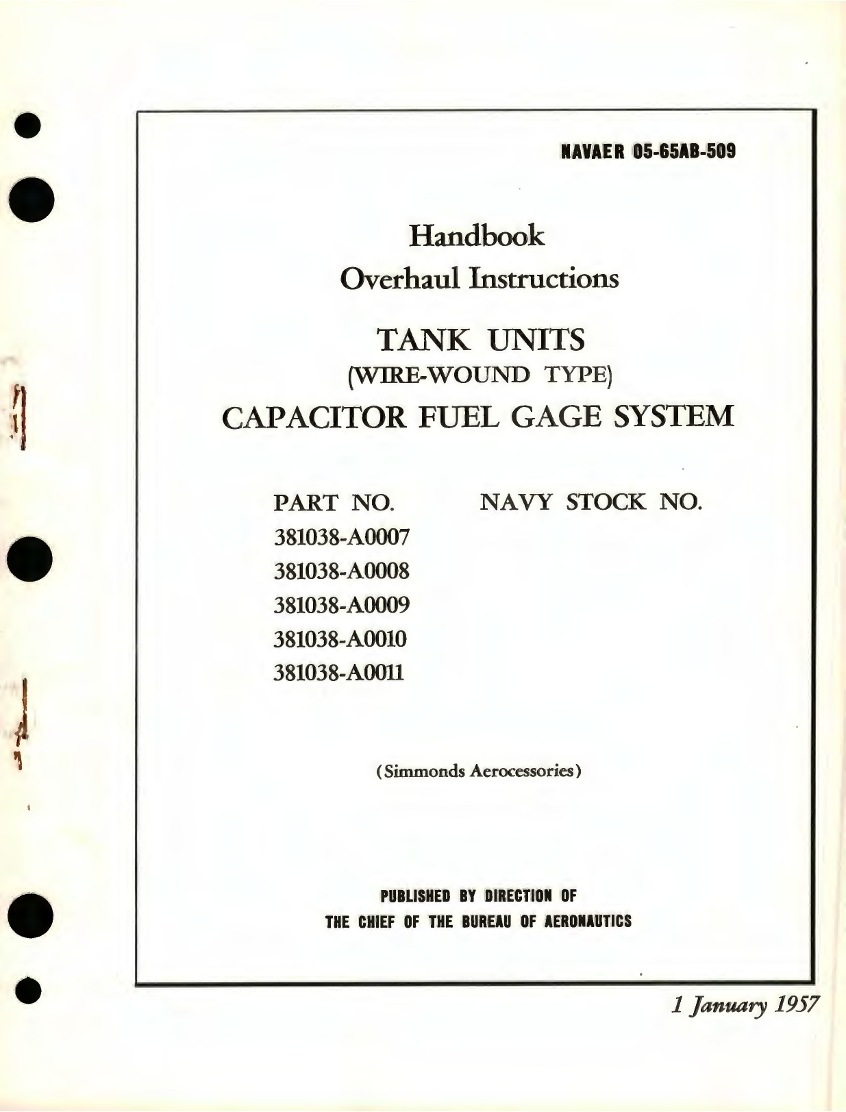 Sample page 1 from AirCorps Library document: Overhaul Instructions for Tan Units (Wire-Wound Type) Capacitor Fuel Gage, Part No. 381038 