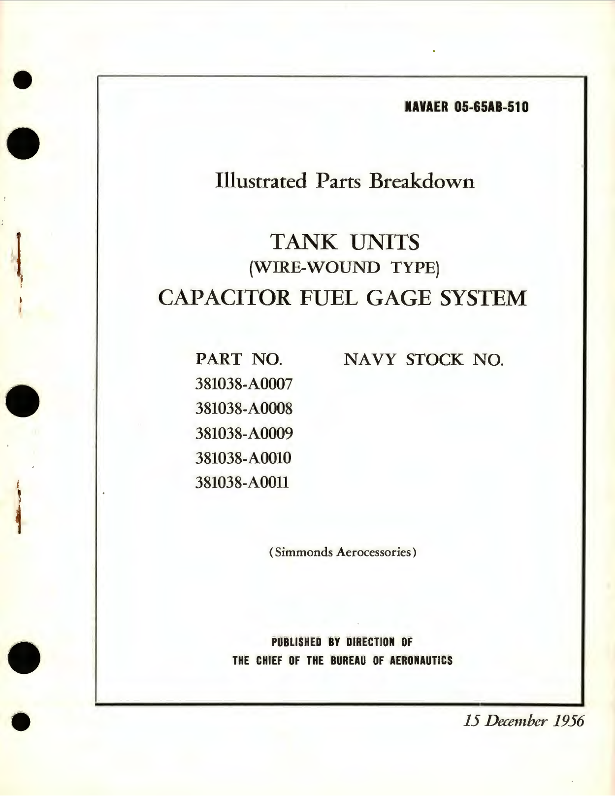 Sample page 1 from AirCorps Library document: Illustrated Parts Breakdown for Tank Units (Wire-Wound Type) Capacitor Fuel Gage, Part No. 381038 