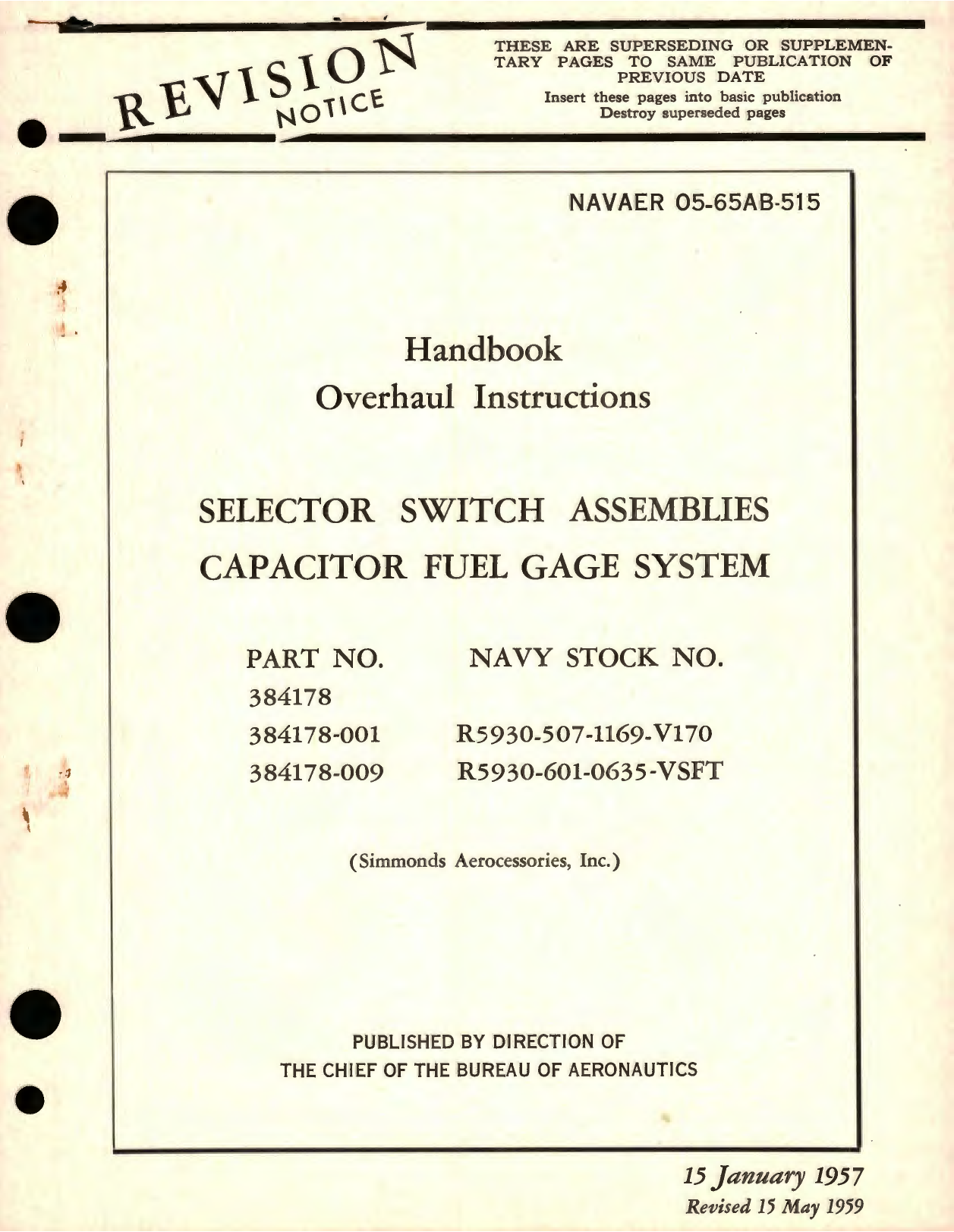 Sample page 1 from AirCorps Library document: Overhaul Instructions for Selector Switch Assemblies Capacitor Fuel Gage System Part No. 384178