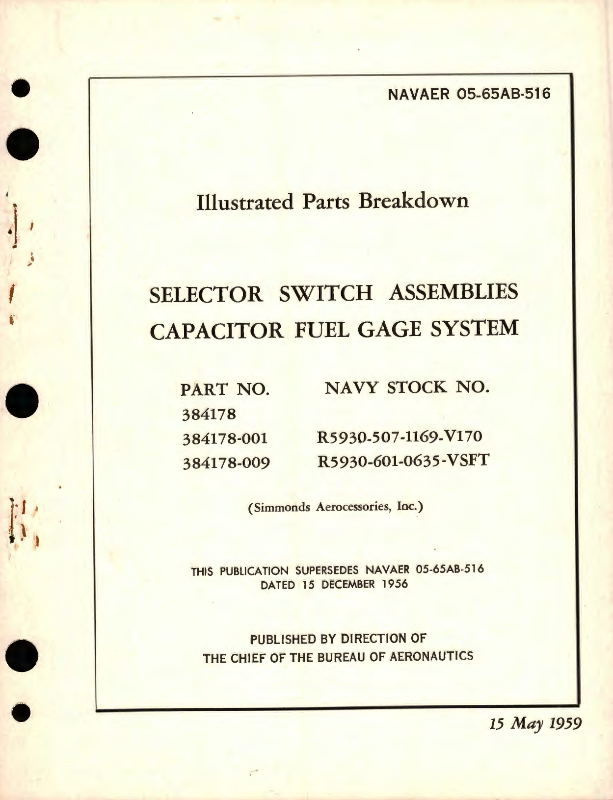 Sample page 1 from AirCorps Library document: Illustrated Parts Breakdown for Selector Switch Assemblies Capacitor Fuel Gage System, Part No. 384178