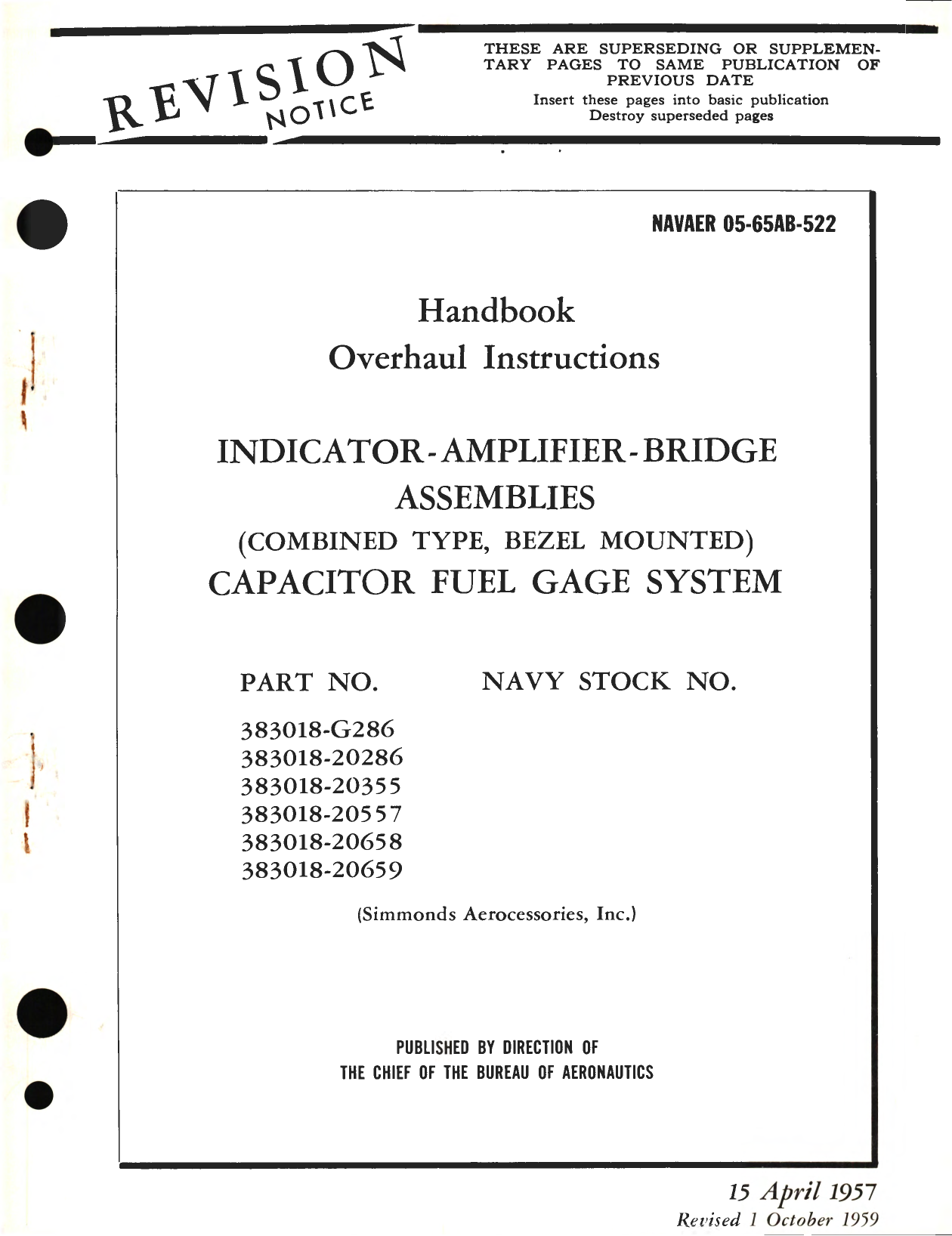 Sample page 1 from AirCorps Library document: Overhaul Instructions for Indicator - Amplifier - Bridge Assemblies (Combined Type, Bezel Mounted) Capacitor Fuel Gage System, Part No. 383018 