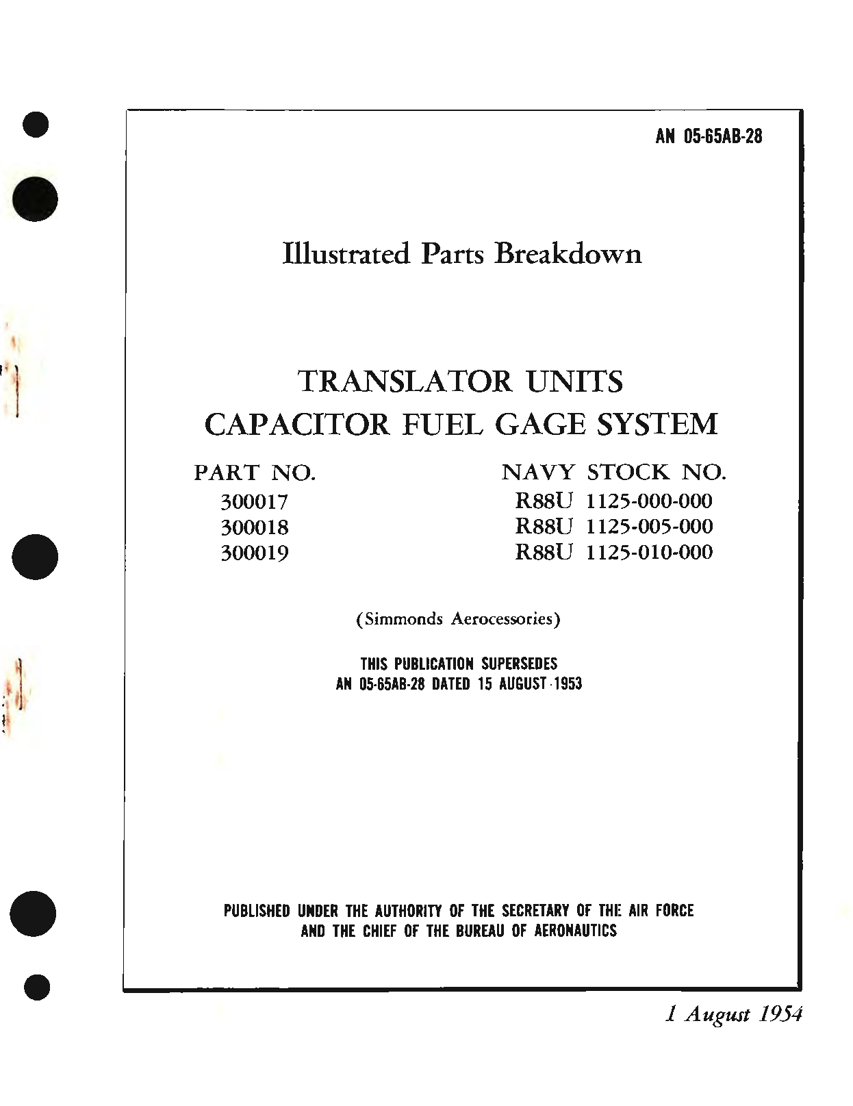 Sample page 1 from AirCorps Library document: Illustrated Parts Breakdown for Translator Units Capacitor Fuel Gage System, Part No. 300017, 300018, 300019