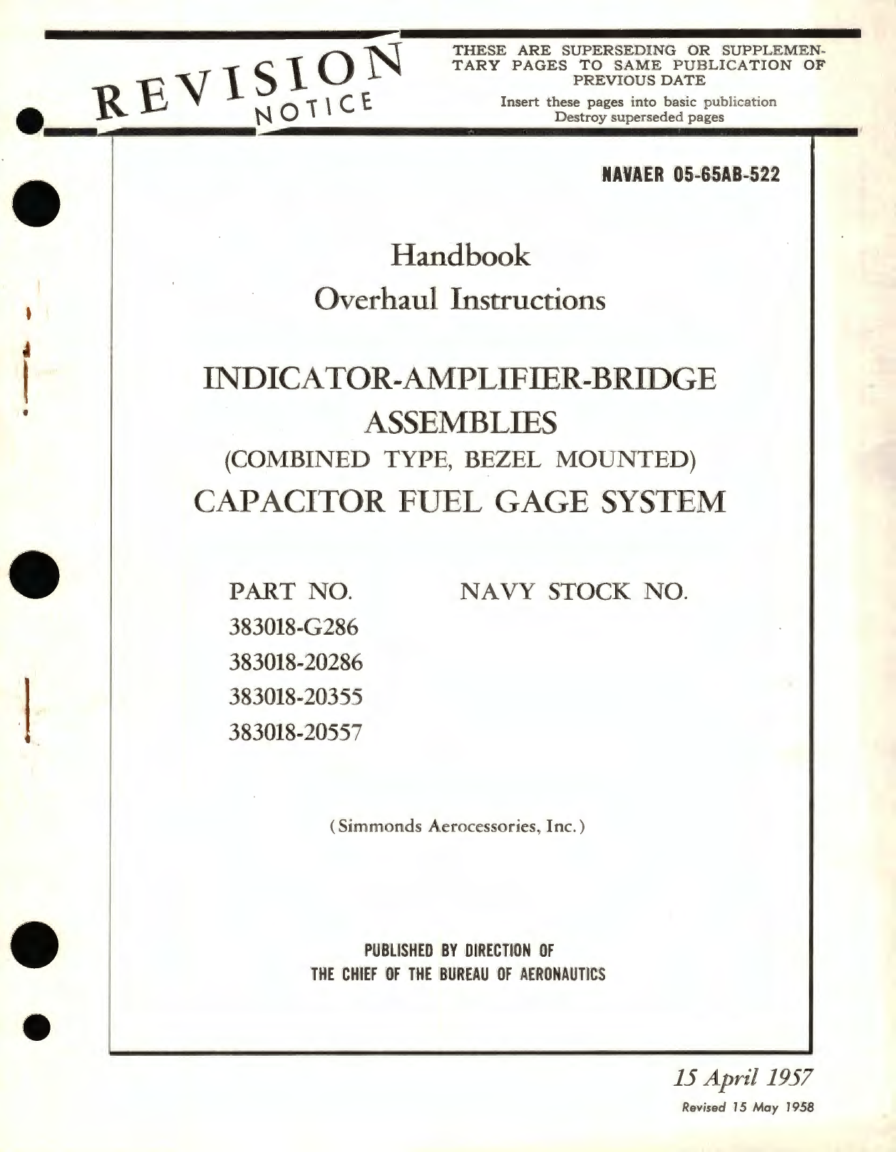 Sample page 1 from AirCorps Library document: Overhaul Instructions for Indicator - Amplifier - Bridge Assemblies (Combined Type, Bezel Mounted) Capacitor Fuel Gage System, Part No. 383018 