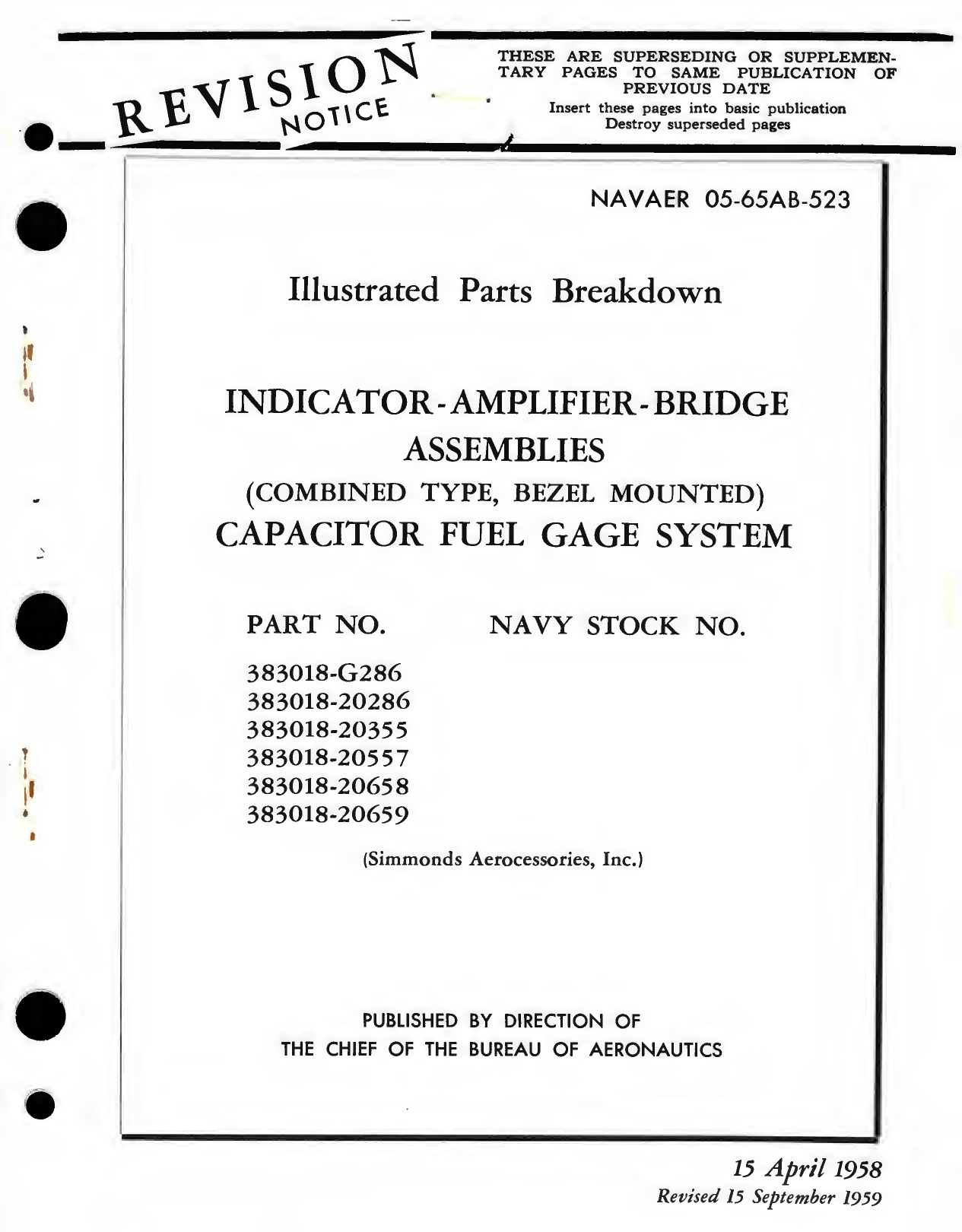 Sample page 1 from AirCorps Library document: Illustrated Parts Breakdown for Indicator - Amplifier - Bridge Assemblies (Combined Type, Bezel Mounted) Capacitor Fuel Gage System, Part No. 383018 