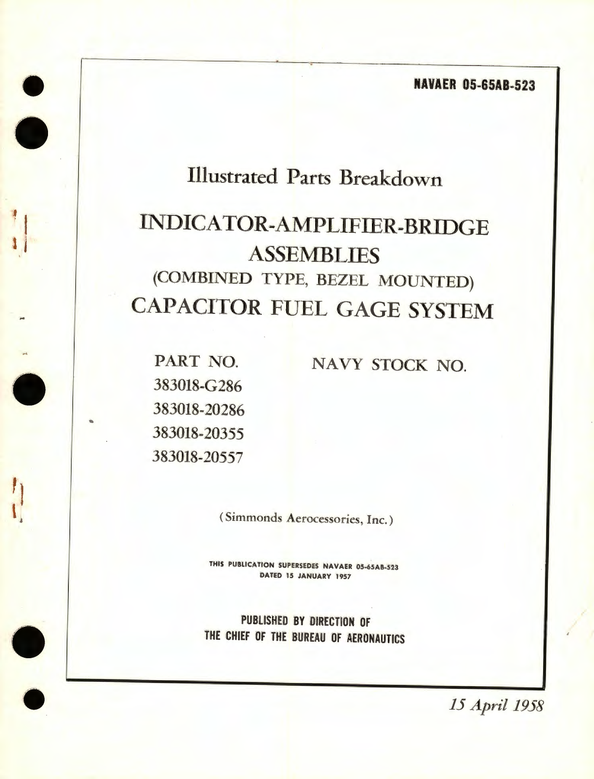 Sample page 1 from AirCorps Library document: Illustrated Parts Breakdown for Indicator - Amplifier - Bridge Assemblies (Combined Type, Bezel Mounted) Capacitor Fuel Gage System, Part No. 383018 